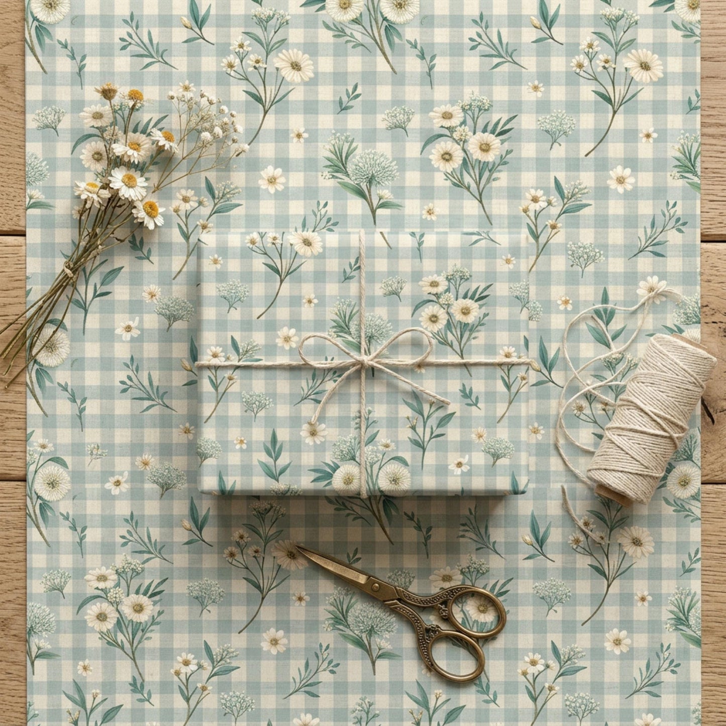 Blue Gingham Wrapping Paper, Daisy Floral Gift Wrap Sheet, Large Size