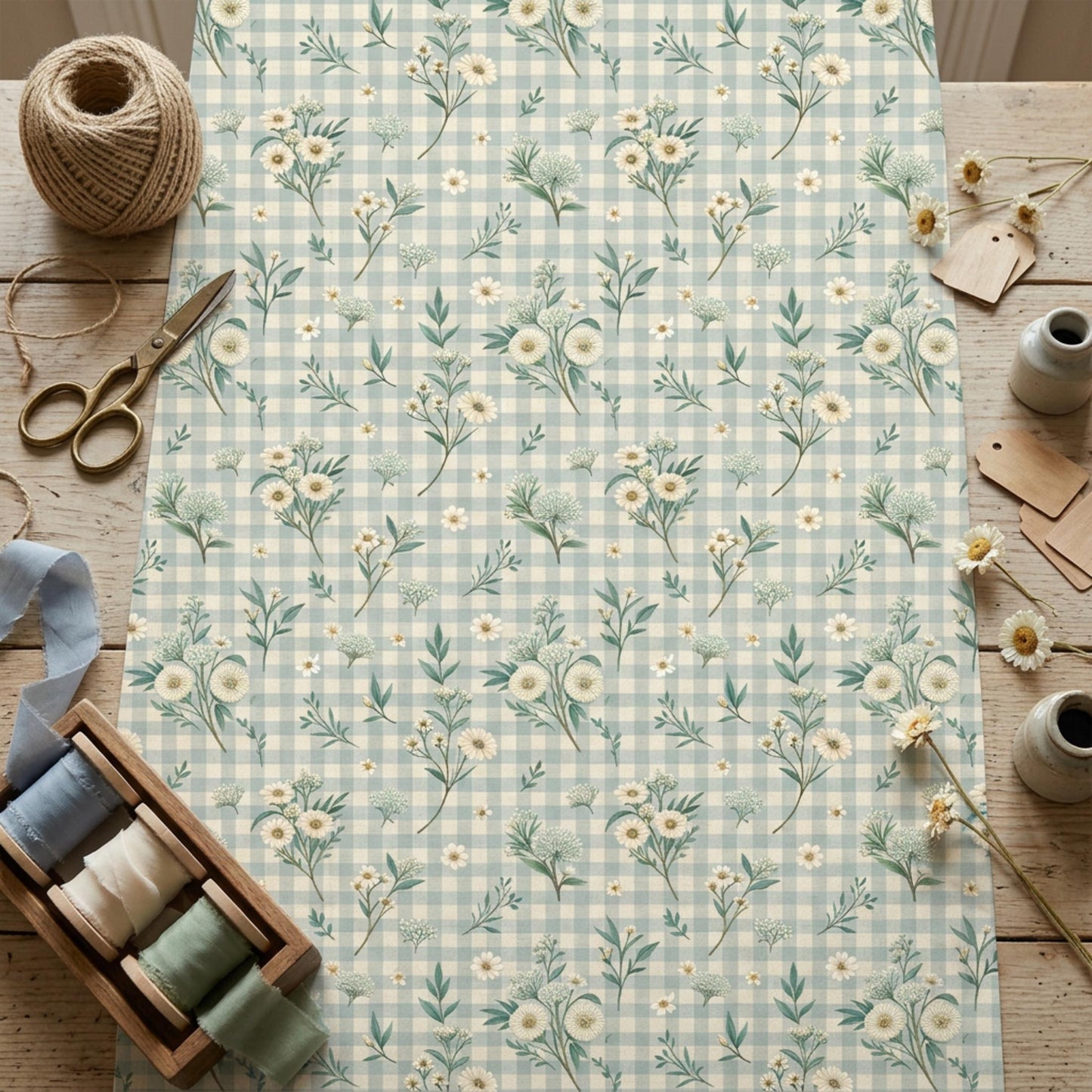 Blue Gingham Wrapping Paper, Daisy Floral Gift Wrap Sheet, Large Size