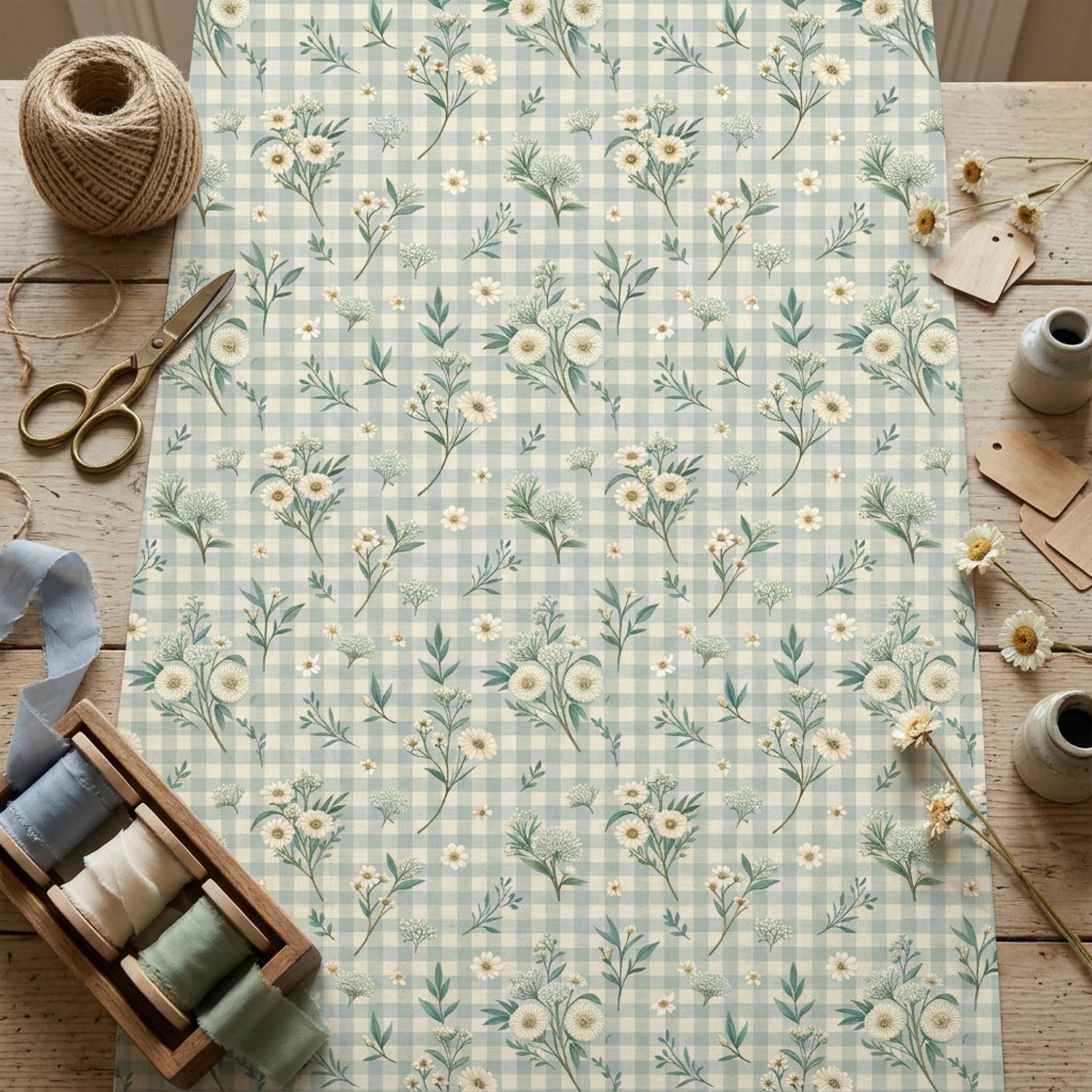 Blue Gingham Wrapping Paper, Daisy Floral Gift Wrap Sheet, Large Size