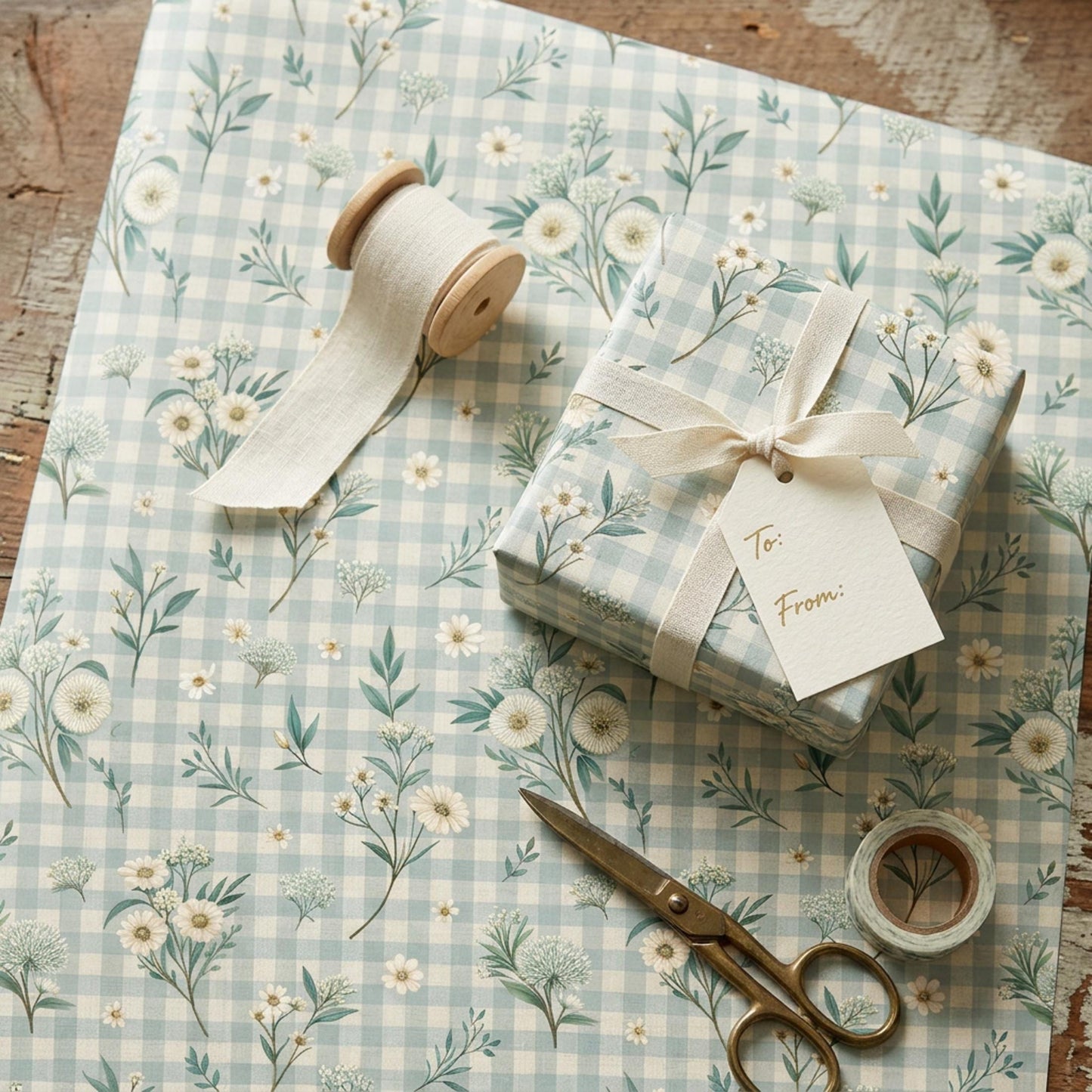 Blue Gingham Wrapping Paper, Daisy Floral Gift Wrap Sheet, Large Size