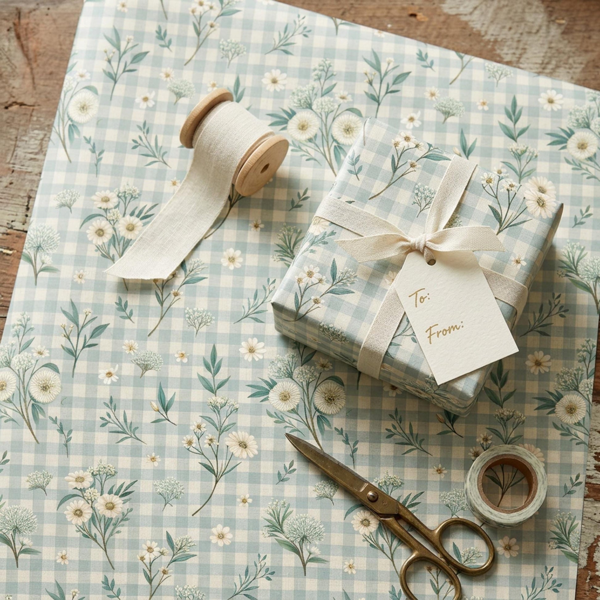 Blue Gingham Wrapping Paper, Daisy Floral Gift Wrap Sheet, Large Size