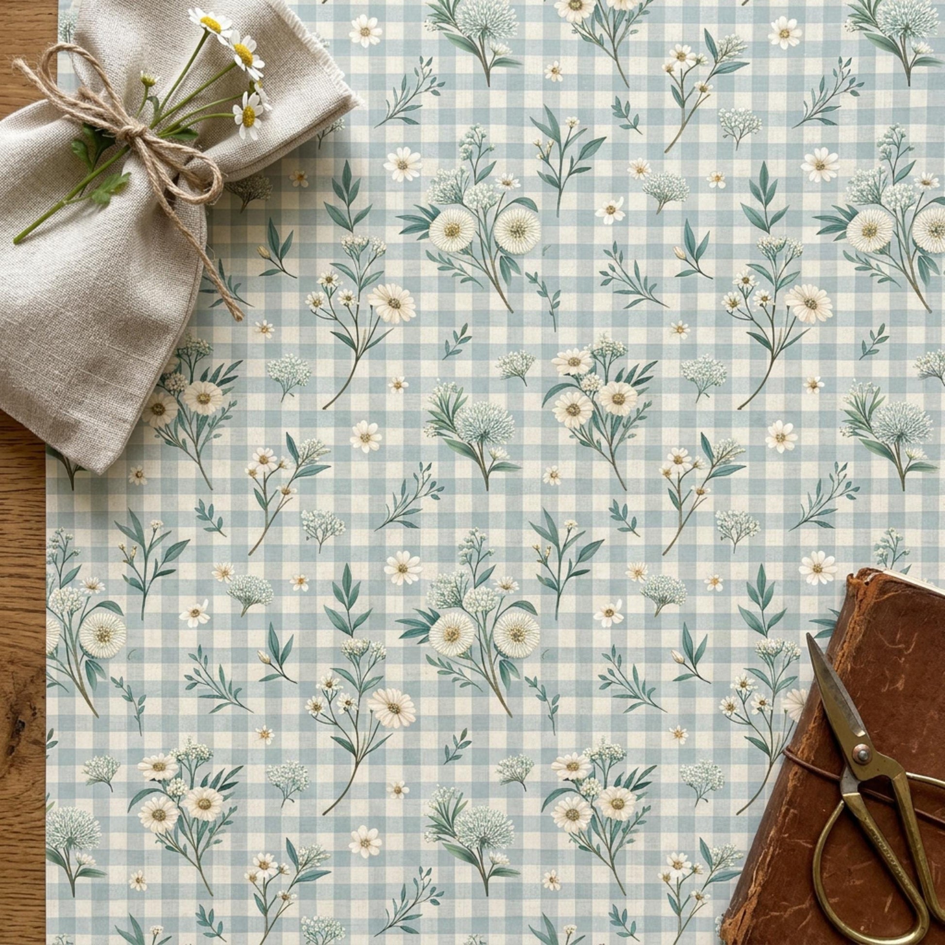 Blue Gingham Wrapping Paper, Daisy Floral Gift Wrap Sheet, Large Size