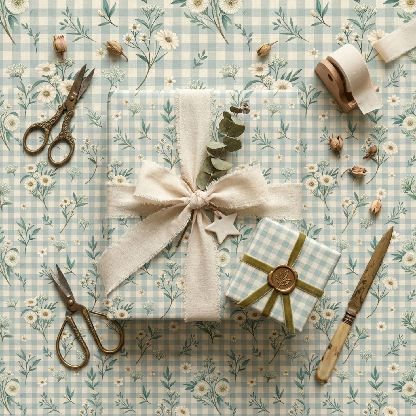 Blue Gingham Wrapping Paper, Daisy Floral Gift Wrap Sheet, Large Size