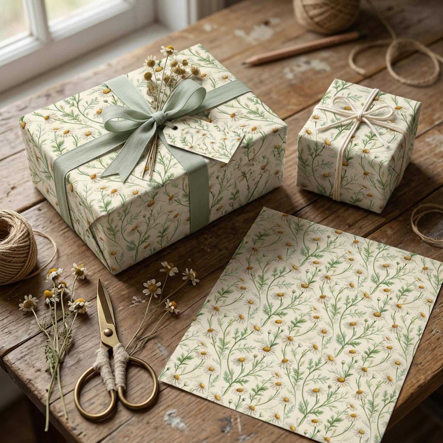 Vintage Daisy Wrapping Paper, Botanical Chamomile Gift Wrap Sheet, Large Size