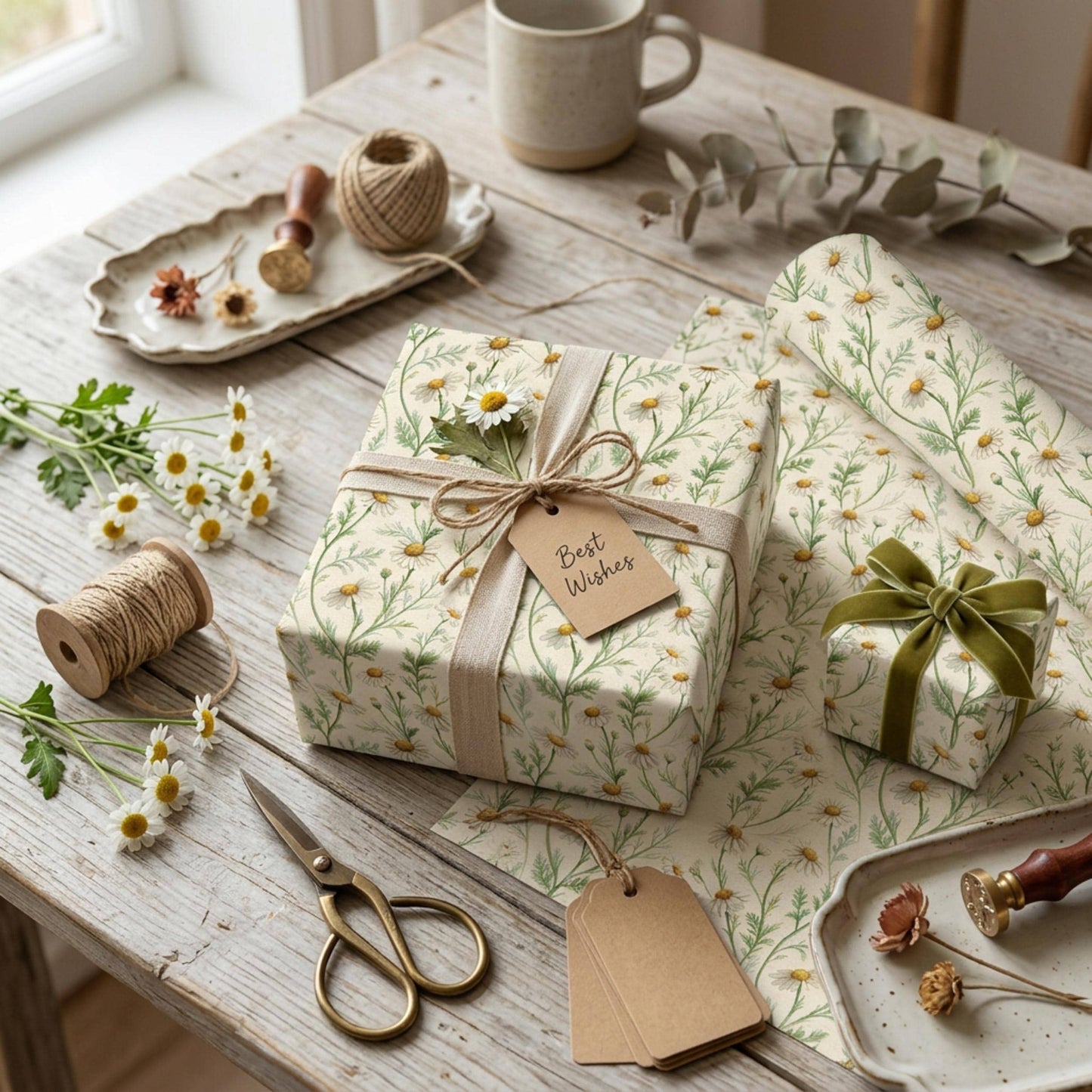 Vintage Daisy Wrapping Paper, Botanical Chamomile Gift Wrap Sheet, Large Size