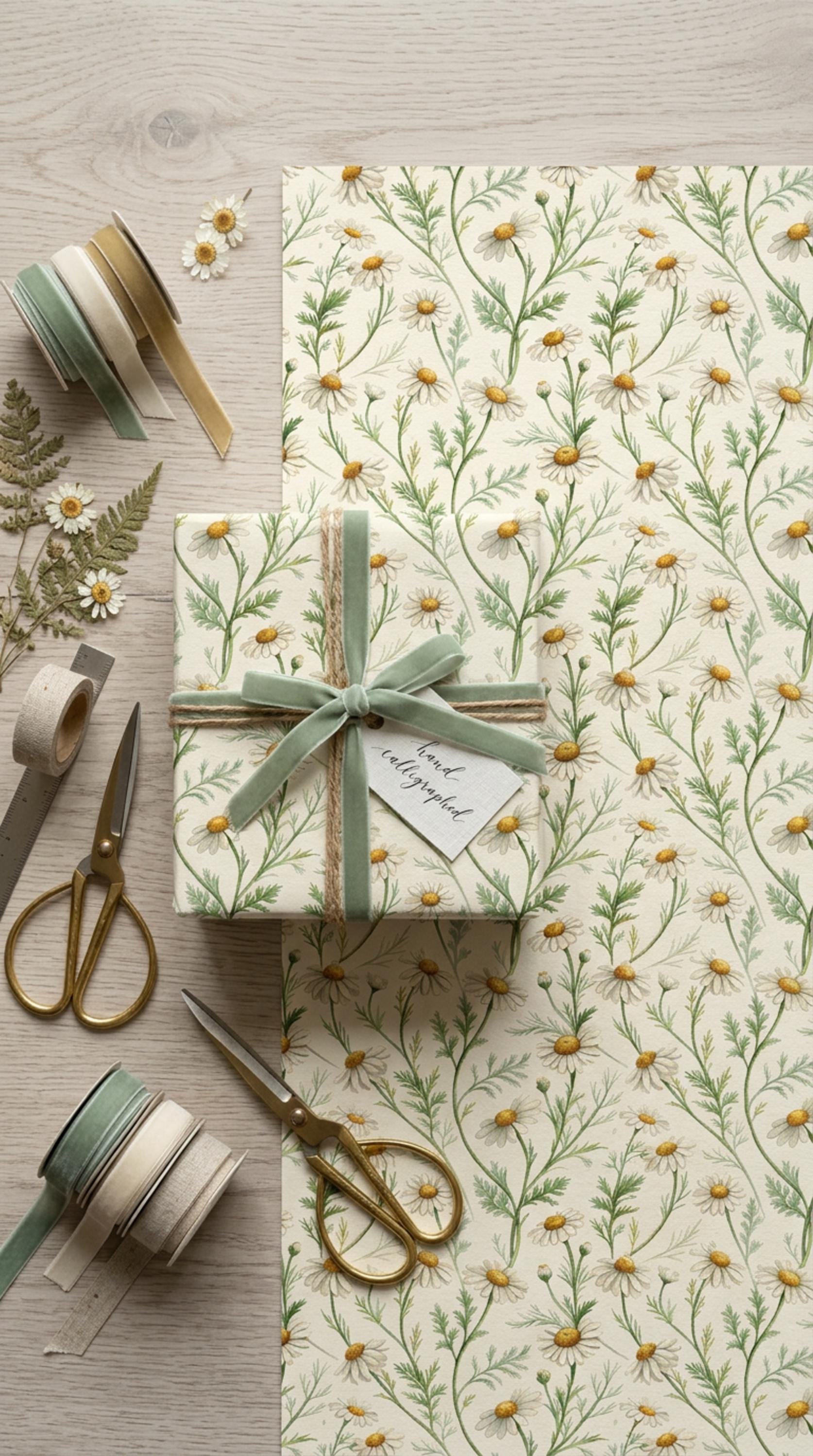 Vintage Daisy Wrapping Paper, Botanical Chamomile Gift Wrap Sheet, Large Size