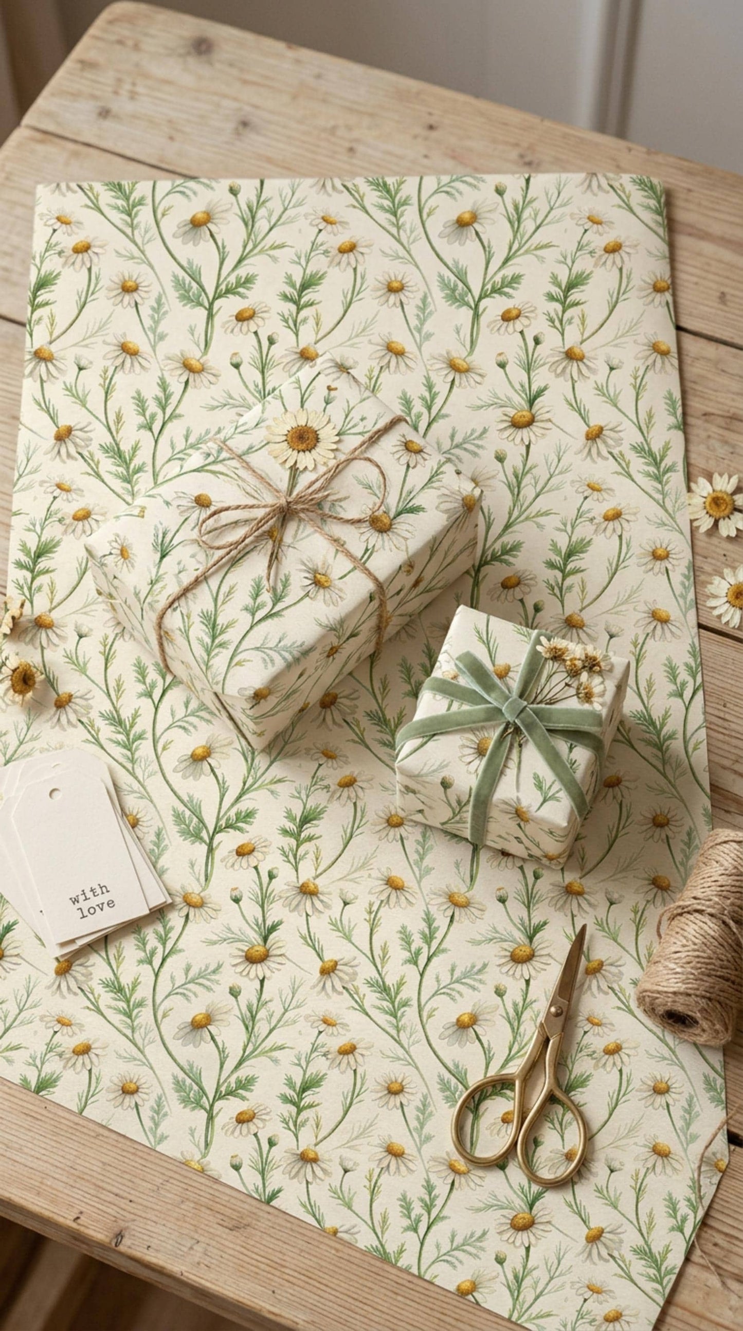 Vintage Daisy Wrapping Paper, Botanical Chamomile Gift Wrap Sheet, Large Size