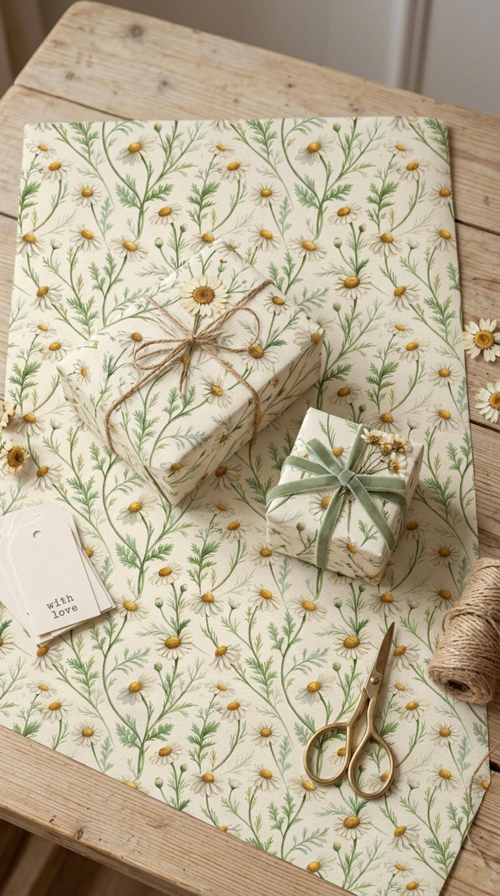 Vintage Daisy Wrapping Paper, Botanical Chamomile Gift Wrap Sheet, Large Size
