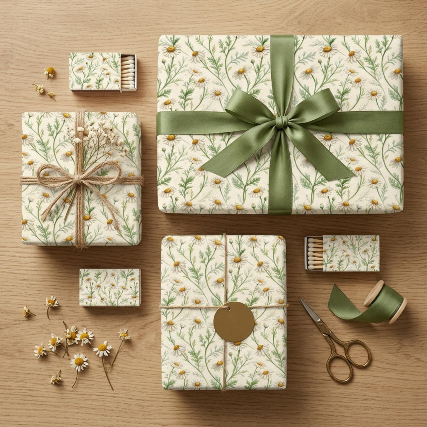 Vintage Daisy Wrapping Paper, Botanical Chamomile Gift Wrap Sheet, Large Size