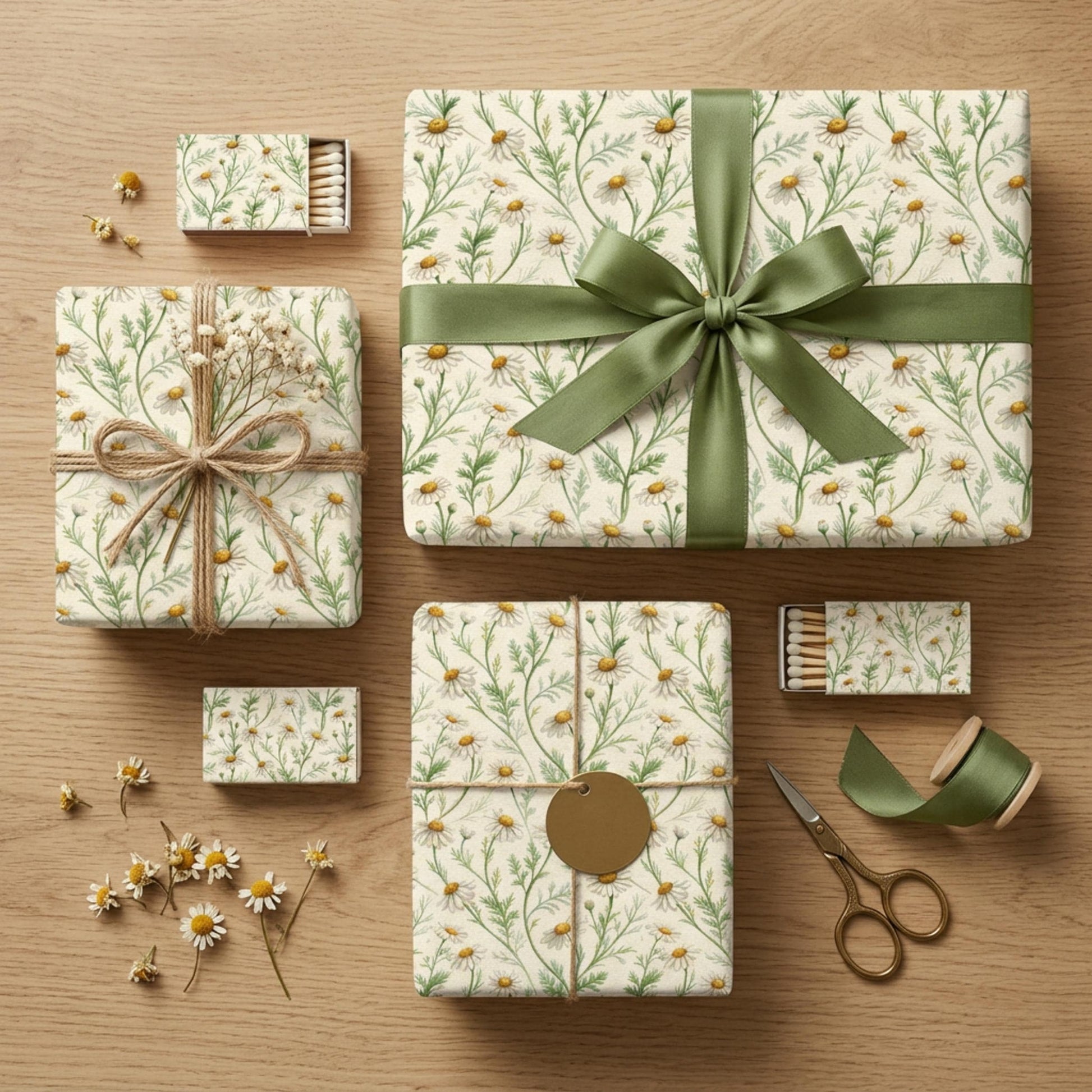Vintage Daisy Wrapping Paper, Botanical Chamomile Gift Wrap Sheet, Large Size
