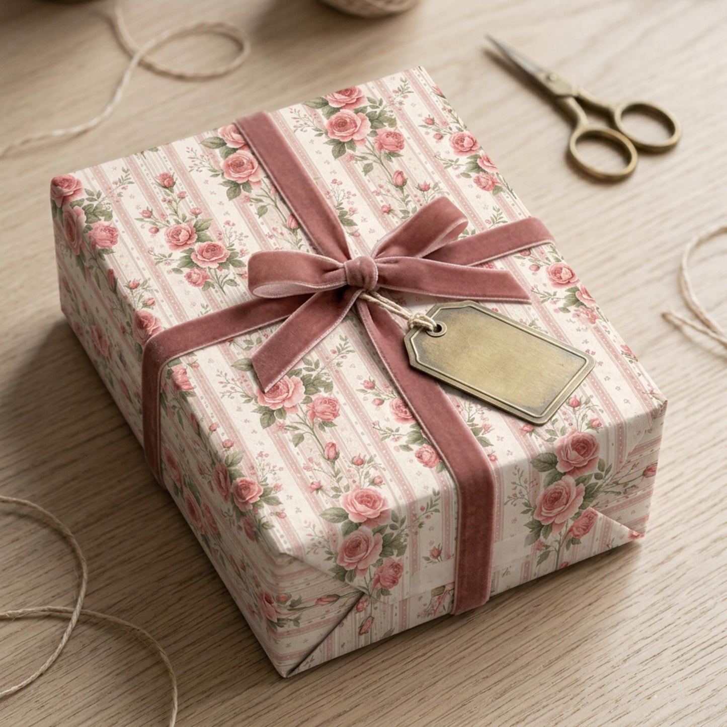 Vintage Pink Rose Striped Wrap, Floral Ticking Stripe Wrapping Paper, large Size