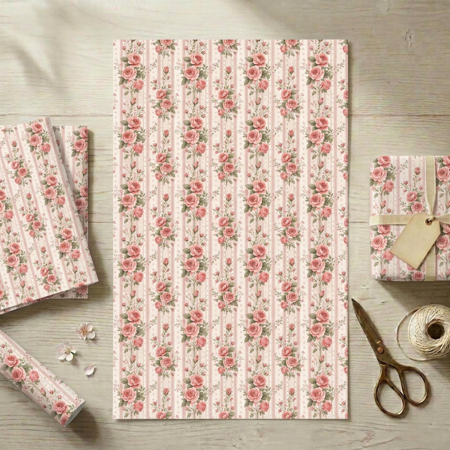 Vintage Pink Rose Striped Wrap, Floral Ticking Stripe Wrapping Paper, large Size