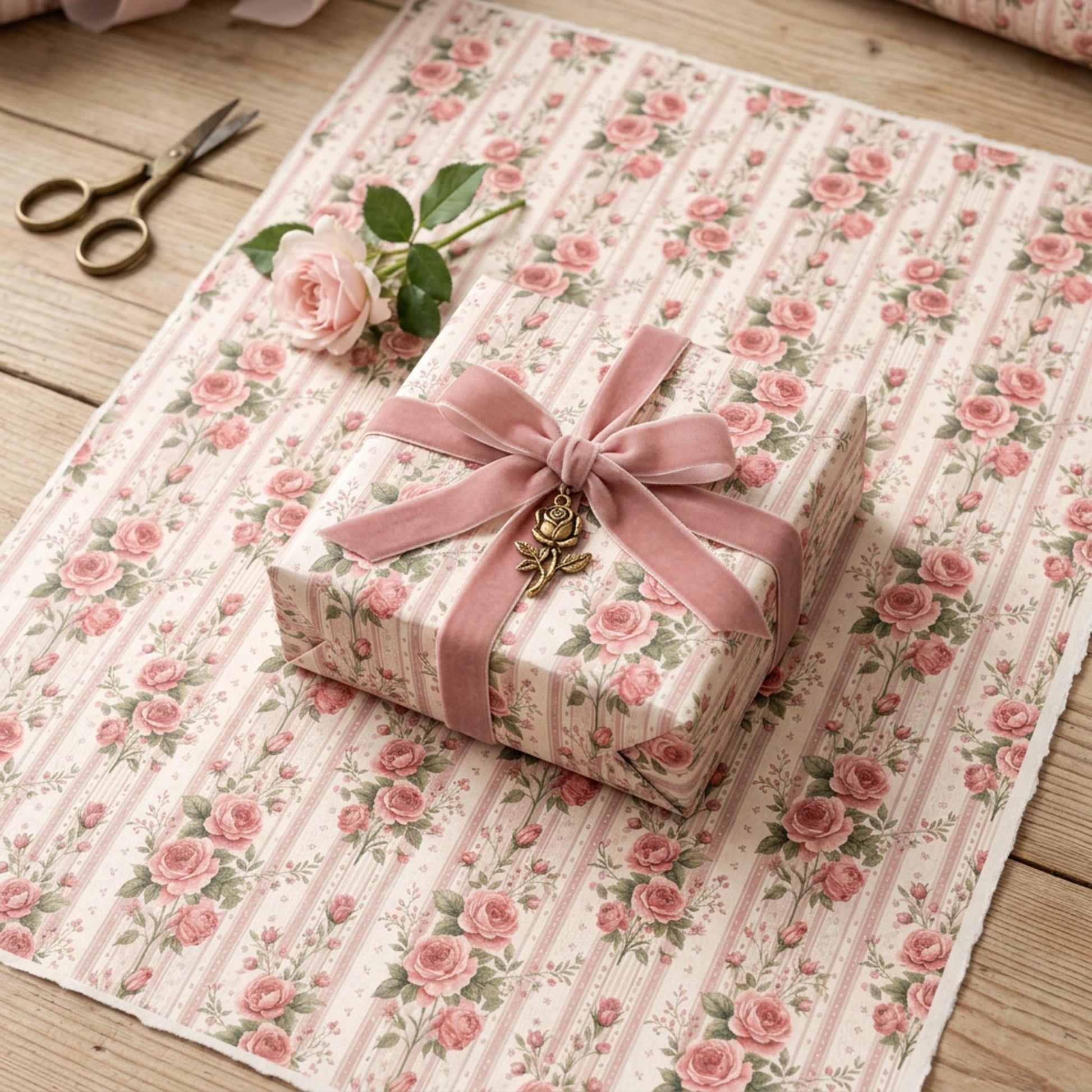 Vintage Pink Rose Striped Wrap, Floral Ticking Stripe Wrapping Paper, large Size