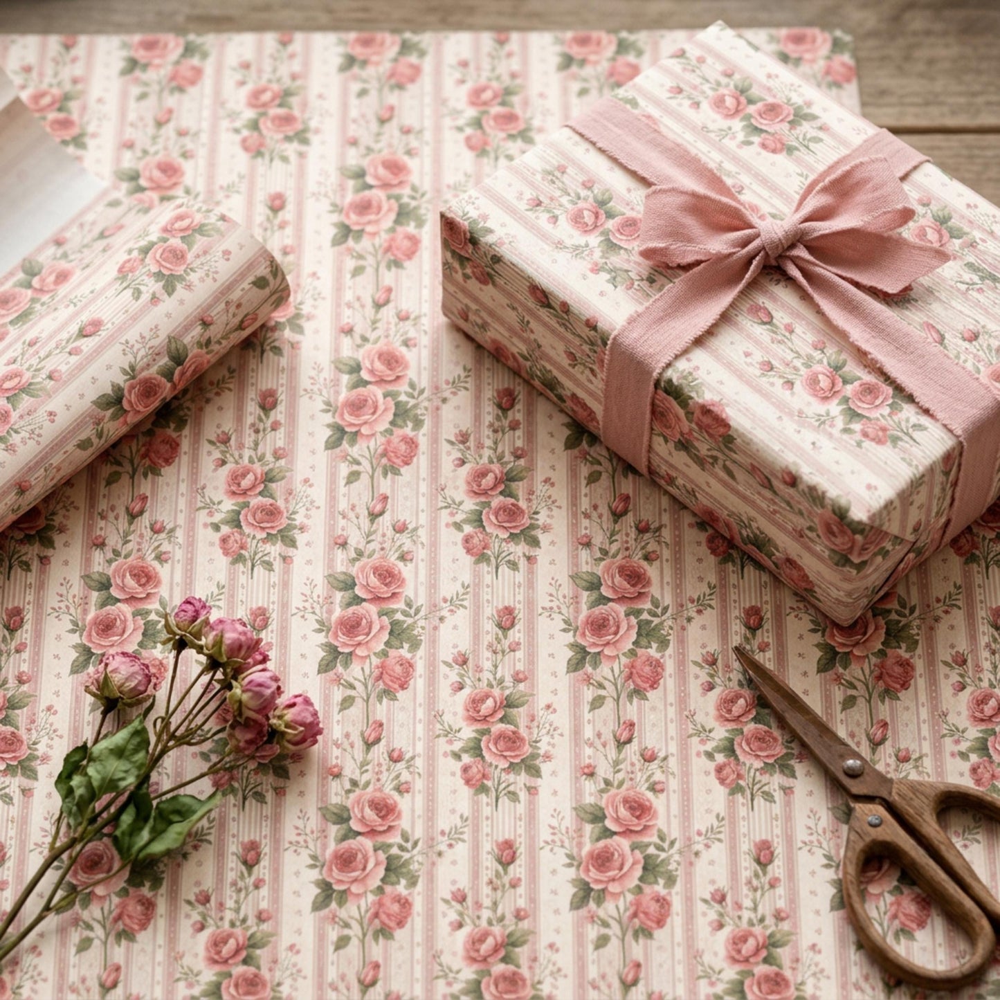 Vintage Pink Rose Striped Wrap, Floral Ticking Stripe Wrapping Paper, large Size