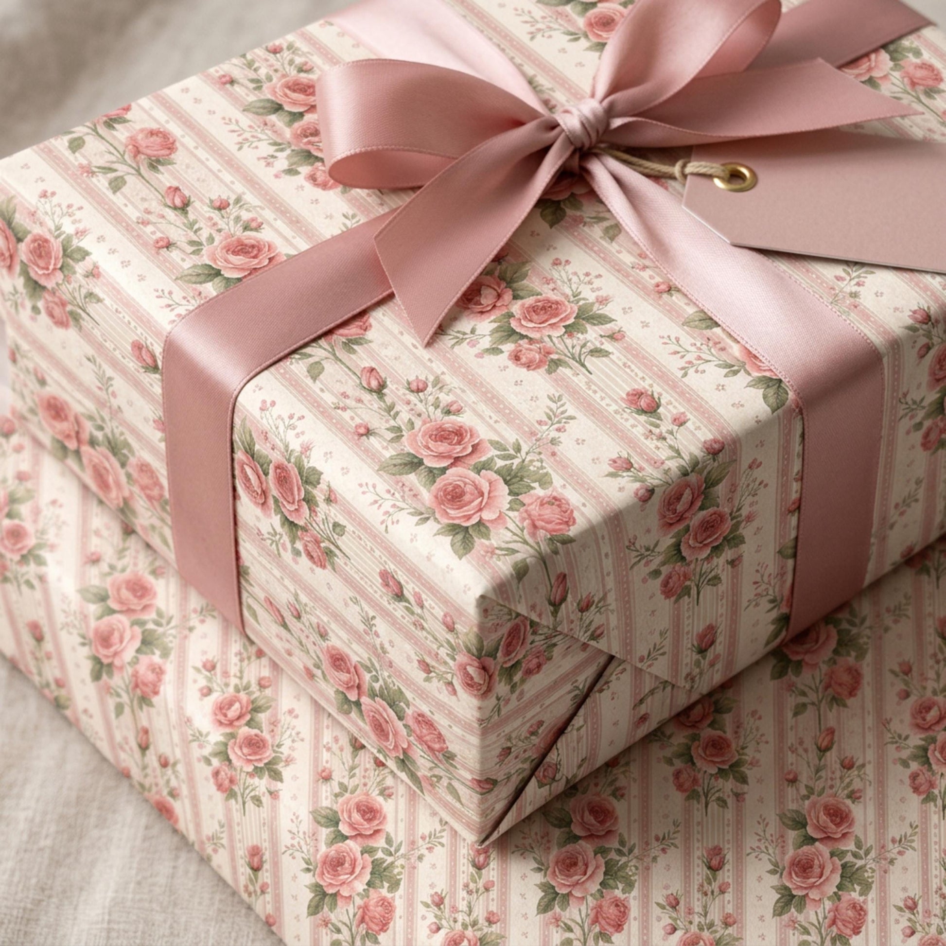 Vintage Pink Rose Striped Wrap, Floral Ticking Stripe Wrapping Paper, large Size