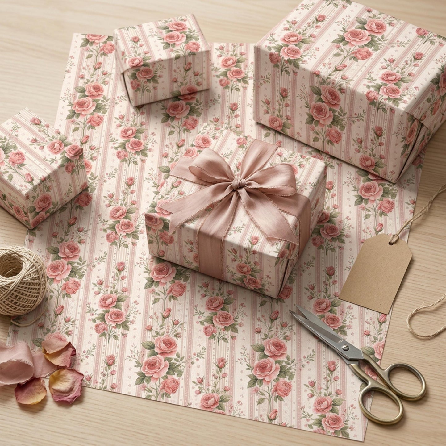 Vintage Pink Rose Striped Wrap, Floral Ticking Stripe Wrapping Paper, large Size