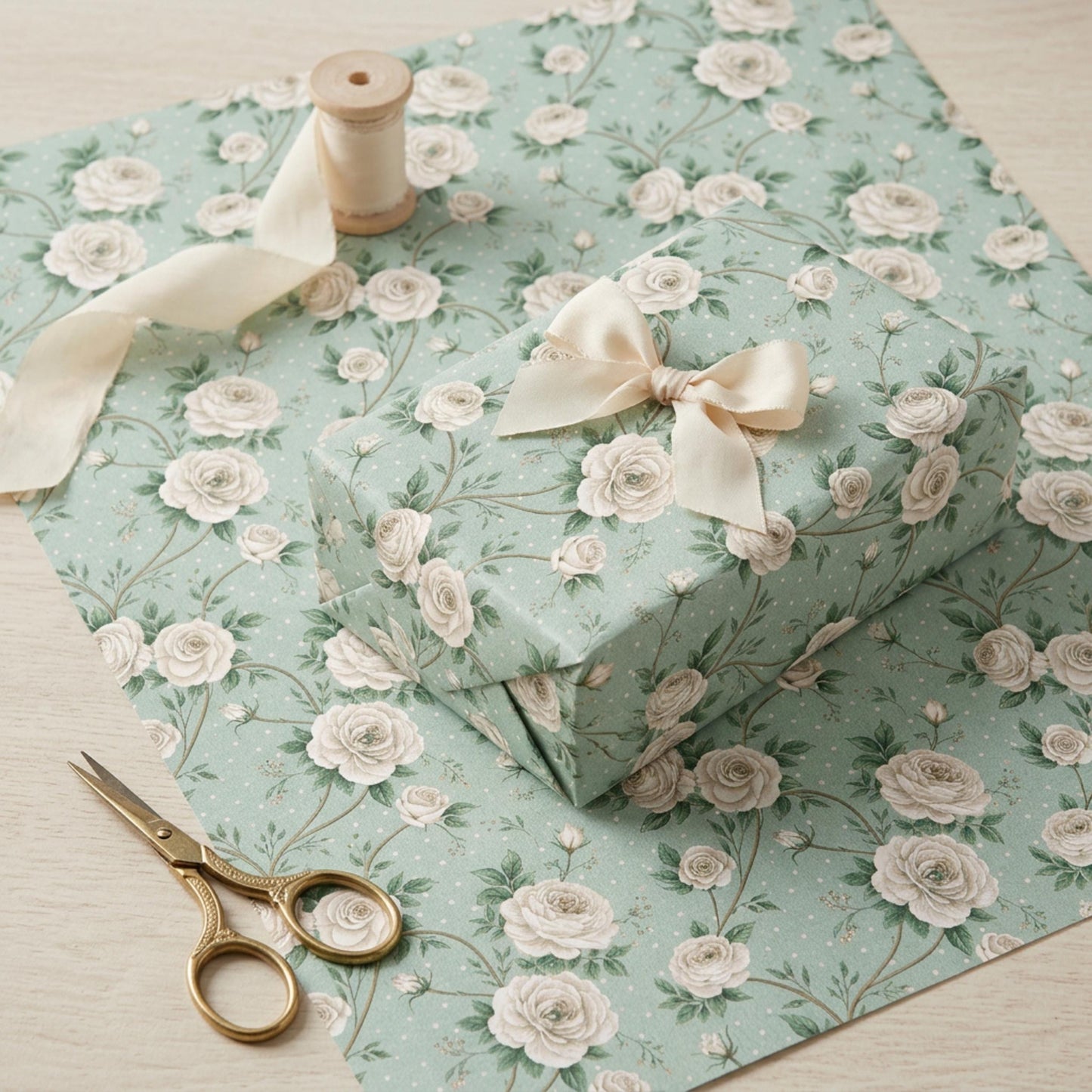 Vintage White Rose Wrap, Floral Present Paper, Large Size