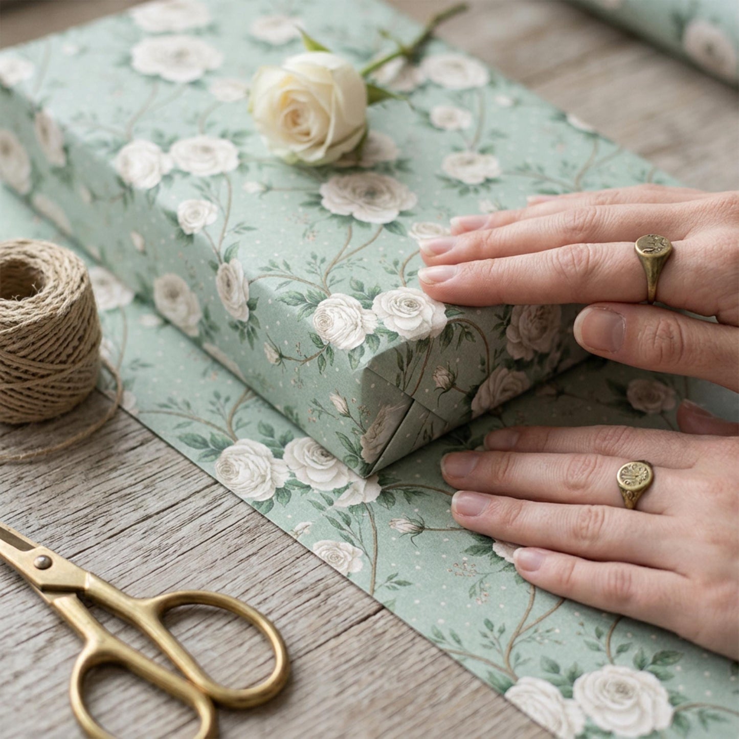 Vintage White Rose Wrap, Floral Present Paper, Large Size