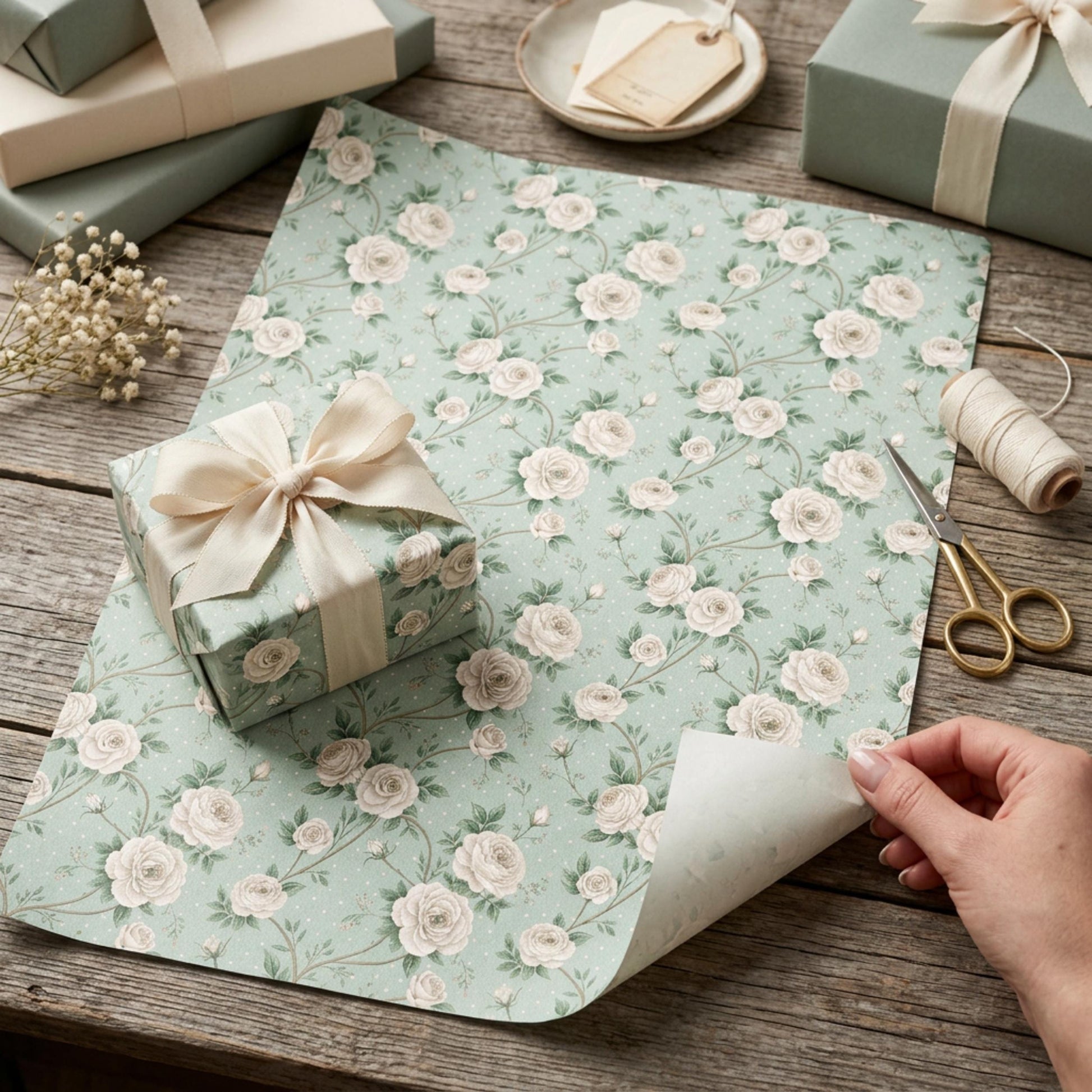 Vintage White Rose Wrap, Floral Present Paper, Large Size