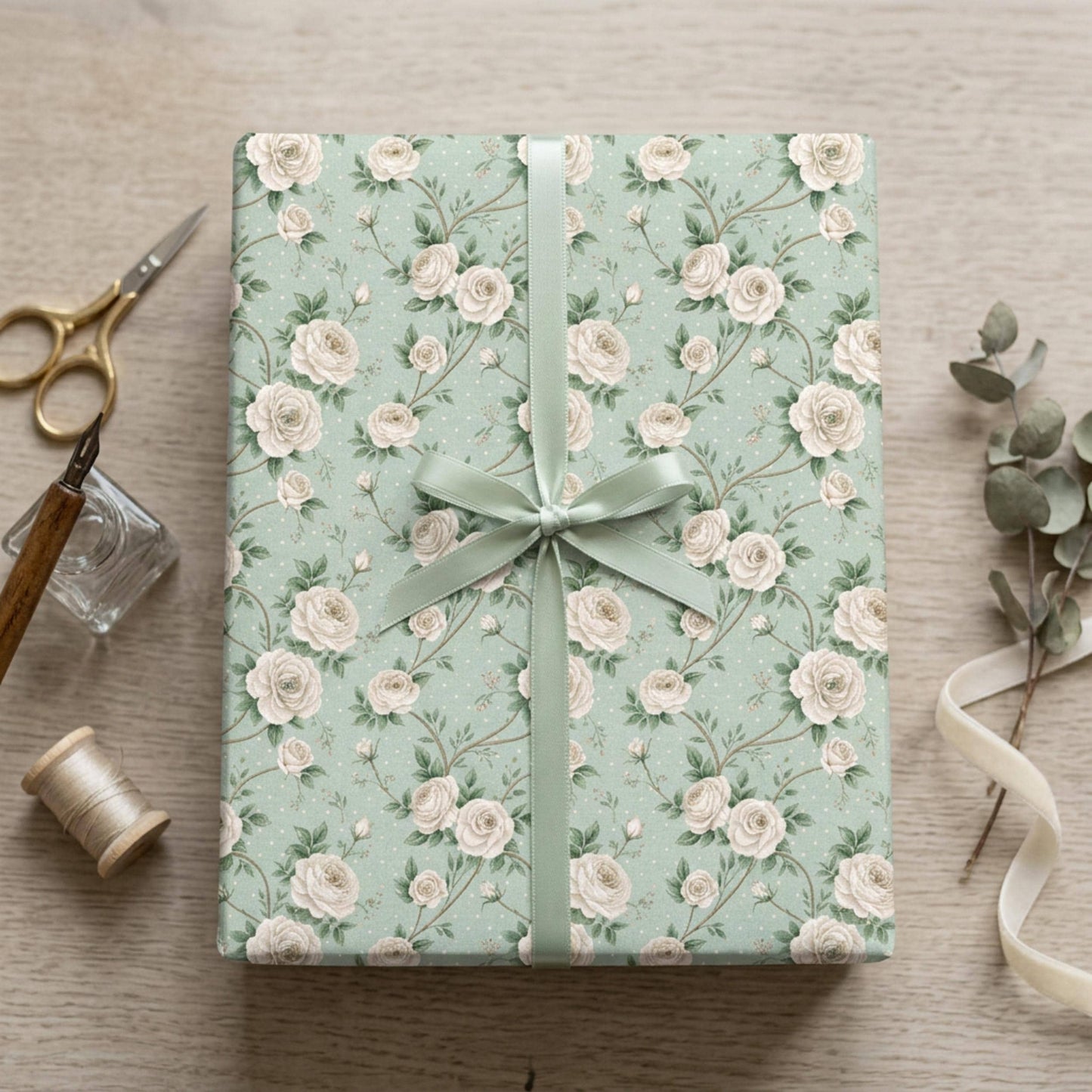 Vintage White Rose Wrap, Floral Present Paper, Large Size