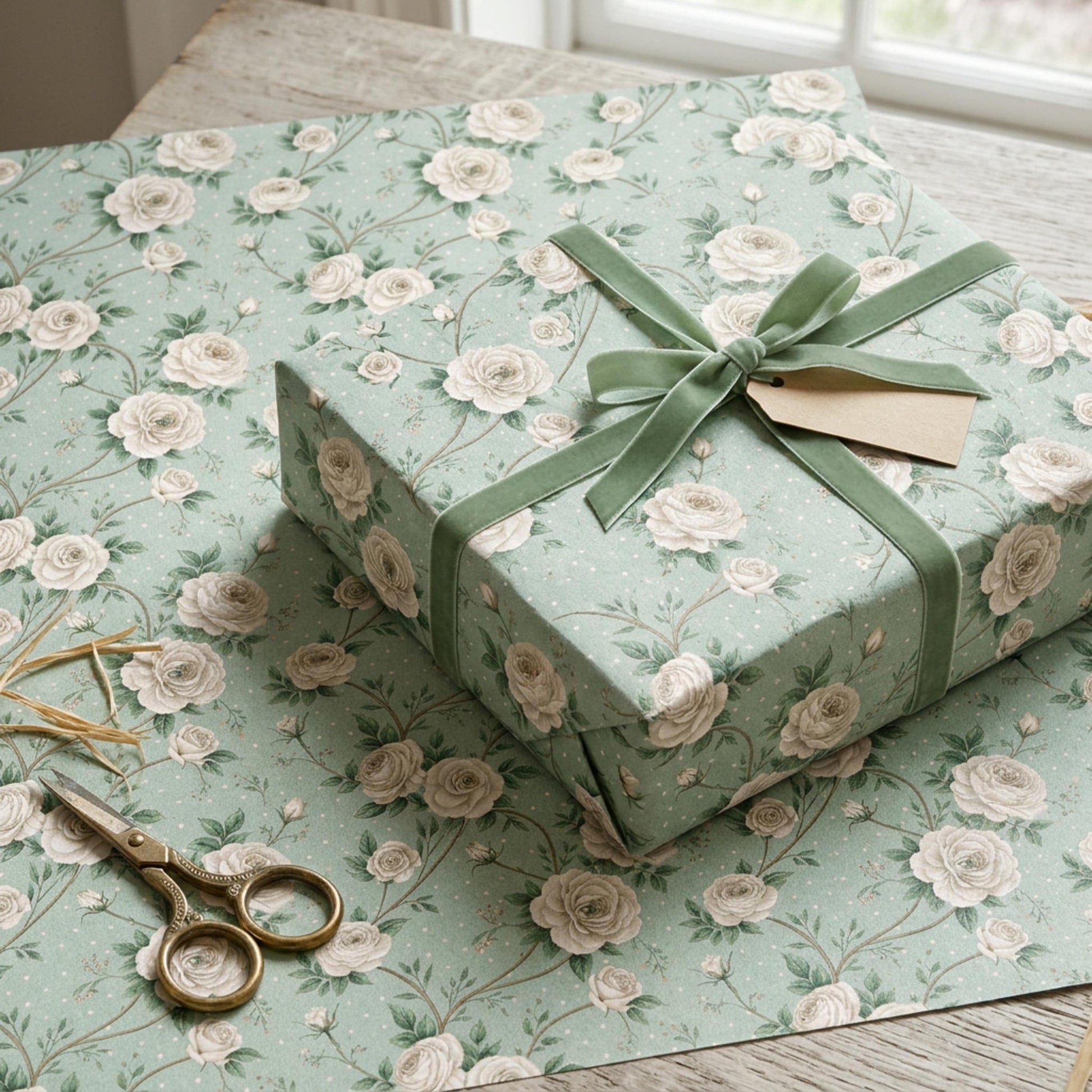 Vintage White Rose Wrap, Floral Present Paper, Large Size