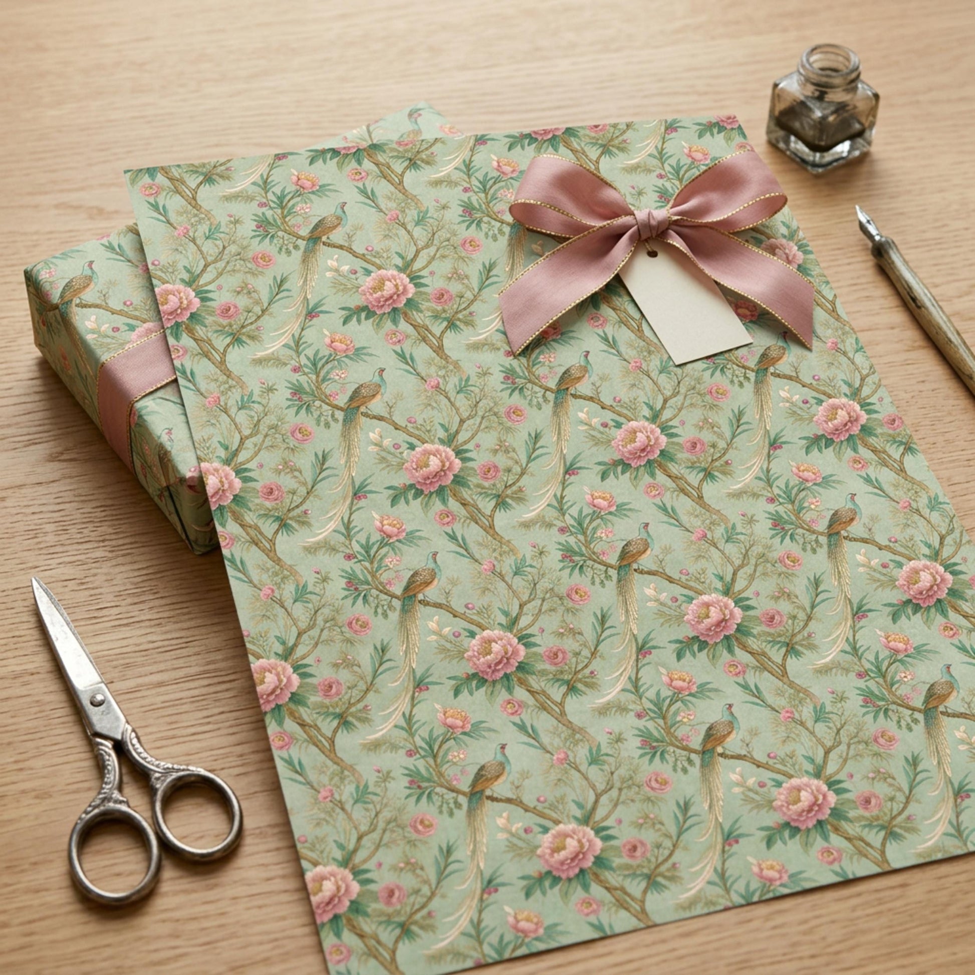 Vintage Peony and Pheasant Gift Paper, Chinoiserie Bird Gift Wrap Sheet, large Size