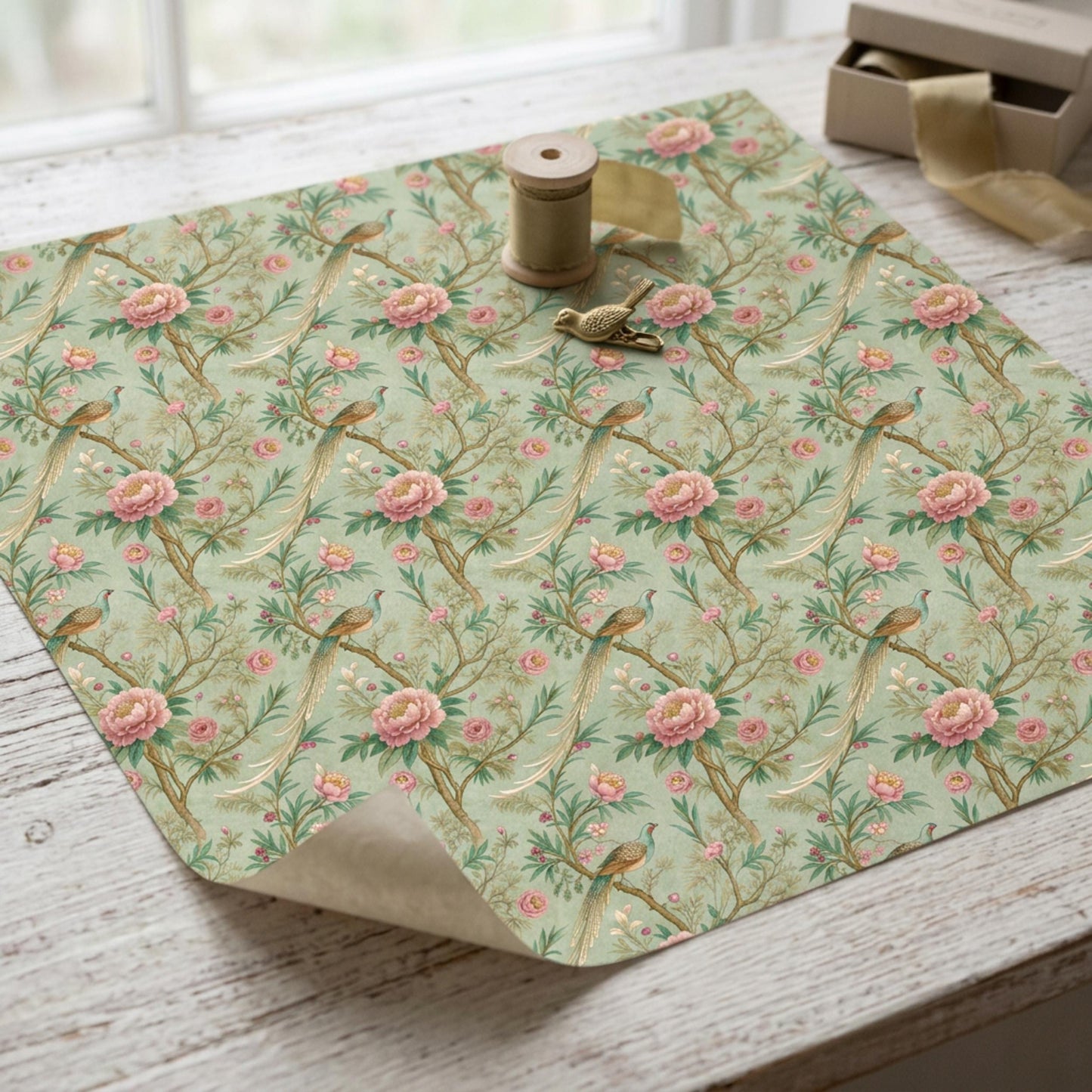 Vintage Peony and Pheasant Gift Paper, Chinoiserie Bird Gift Wrap Sheet, large Size