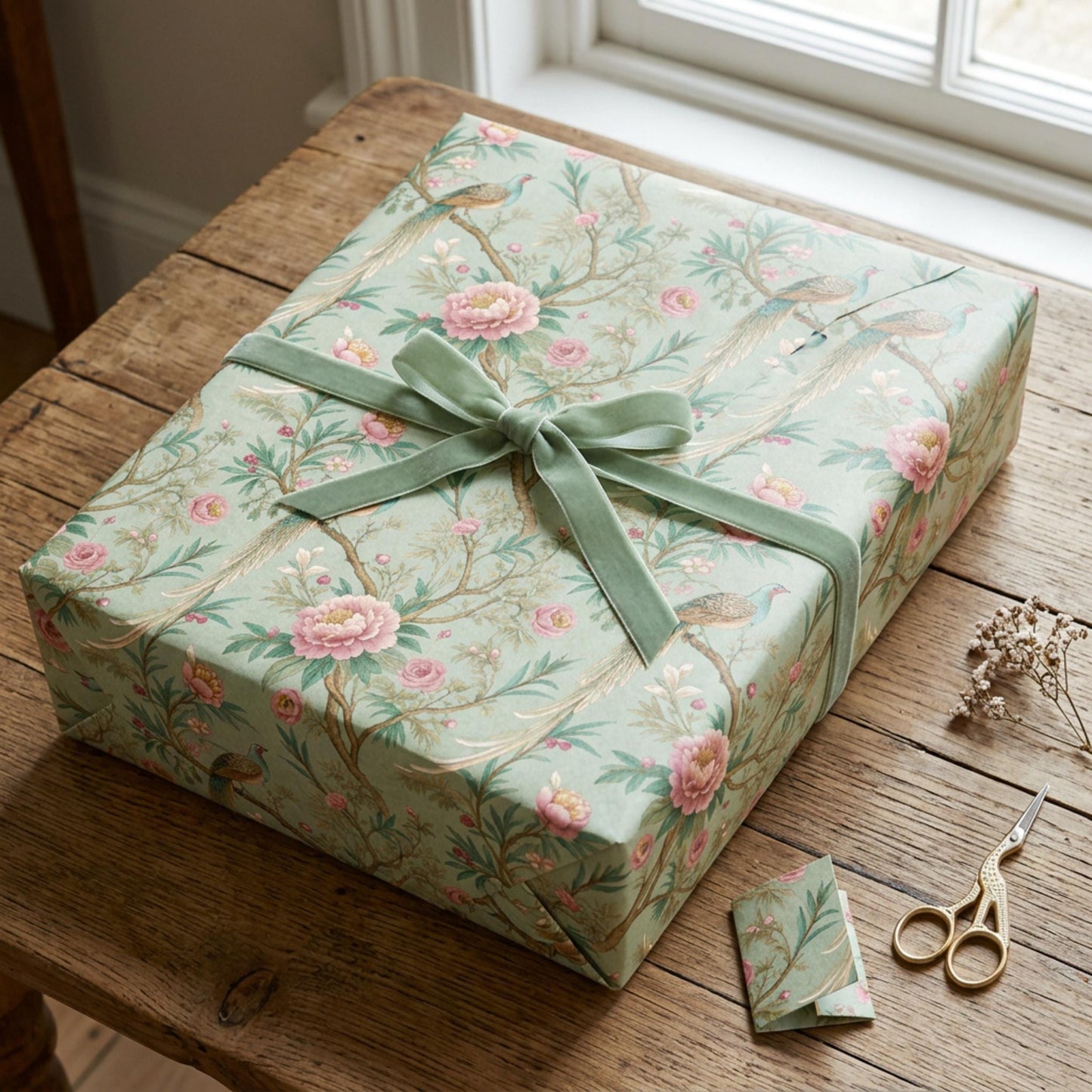 Vintage Peony and Pheasant Gift Paper, Chinoiserie Bird Gift Wrap Sheet, large Size