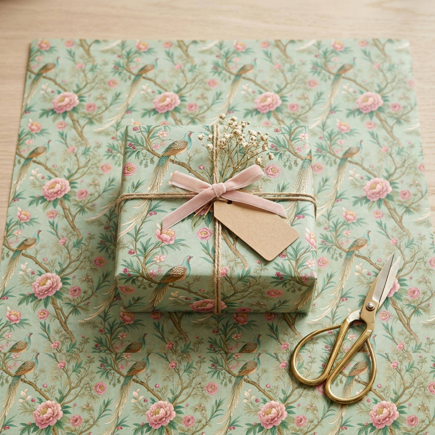 Vintage Peony and Pheasant Gift Paper, Chinoiserie Bird Gift Wrap Sheet, large Size