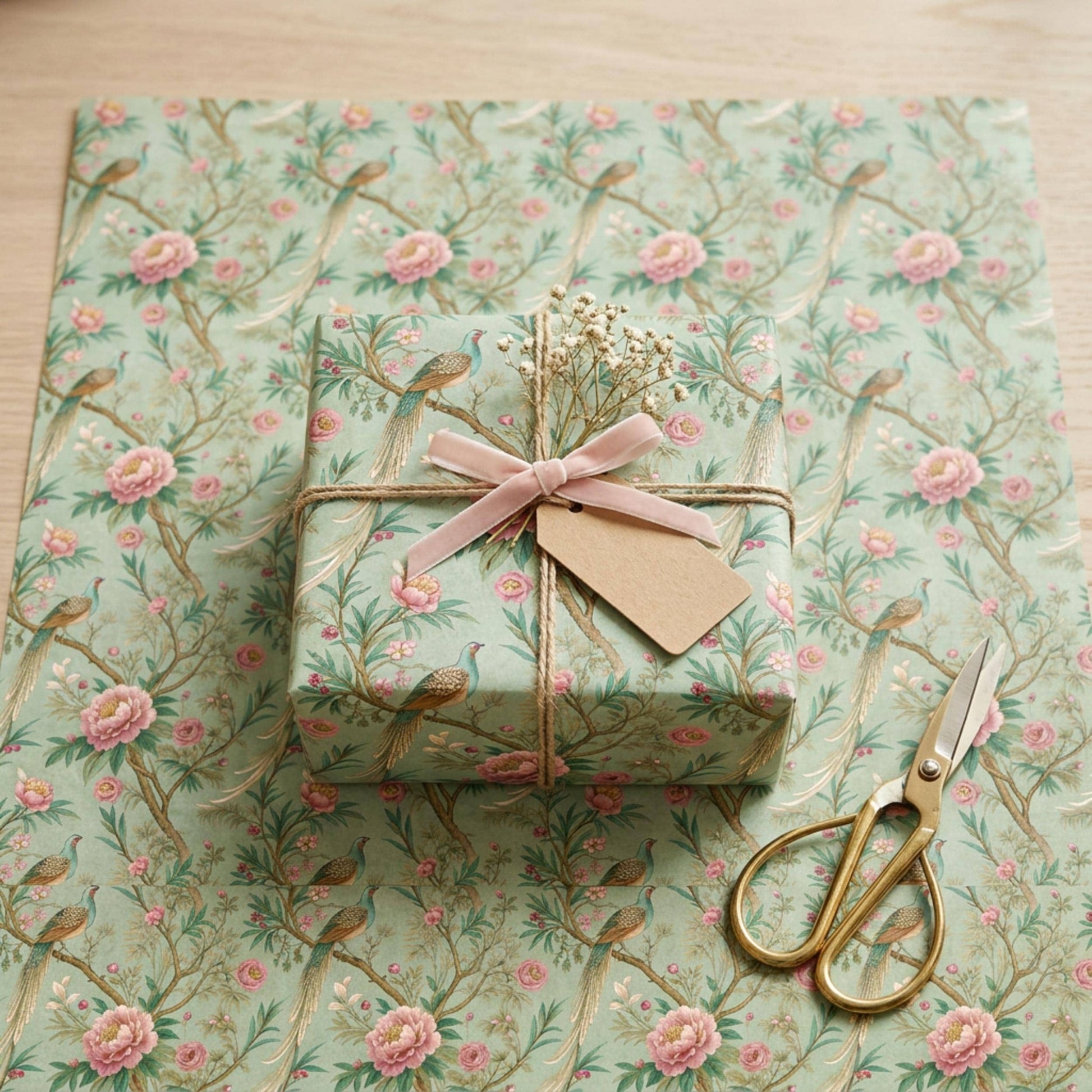 Vintage Peony and Pheasant Gift Paper, Chinoiserie Bird Gift Wrap Sheet, large Size
