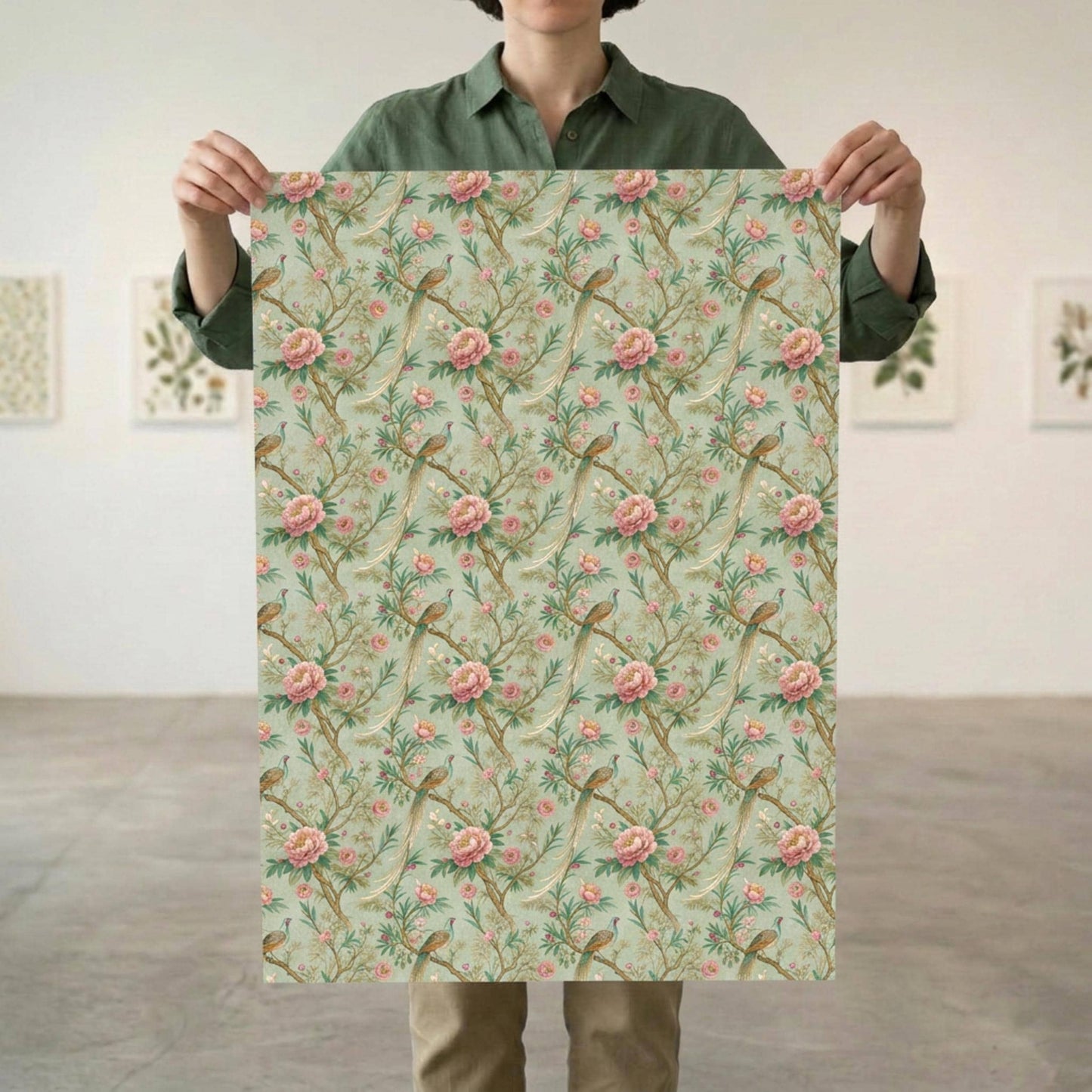 Vintage Peony and Pheasant Gift Paper, Chinoiserie Bird Gift Wrap Sheet, large Size