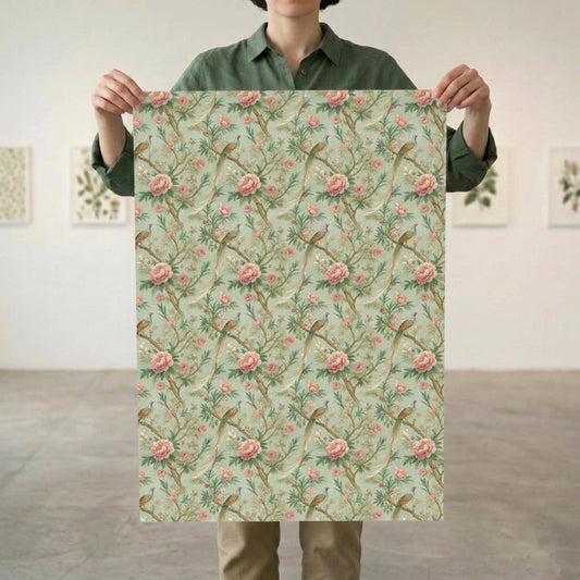 Vintage Peony and Pheasant Gift Paper, Chinoiserie Bird Gift Wrap Sheet, large Size