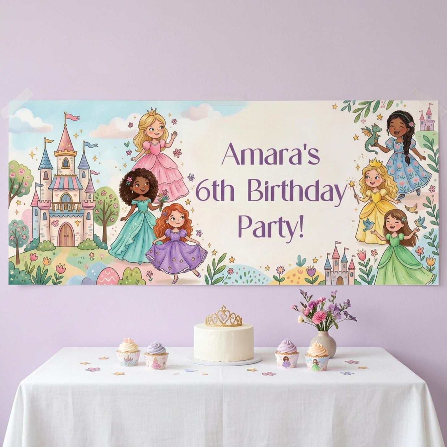 Personalised Princesses Birthday Banner, Fairytale Friends Backdrop