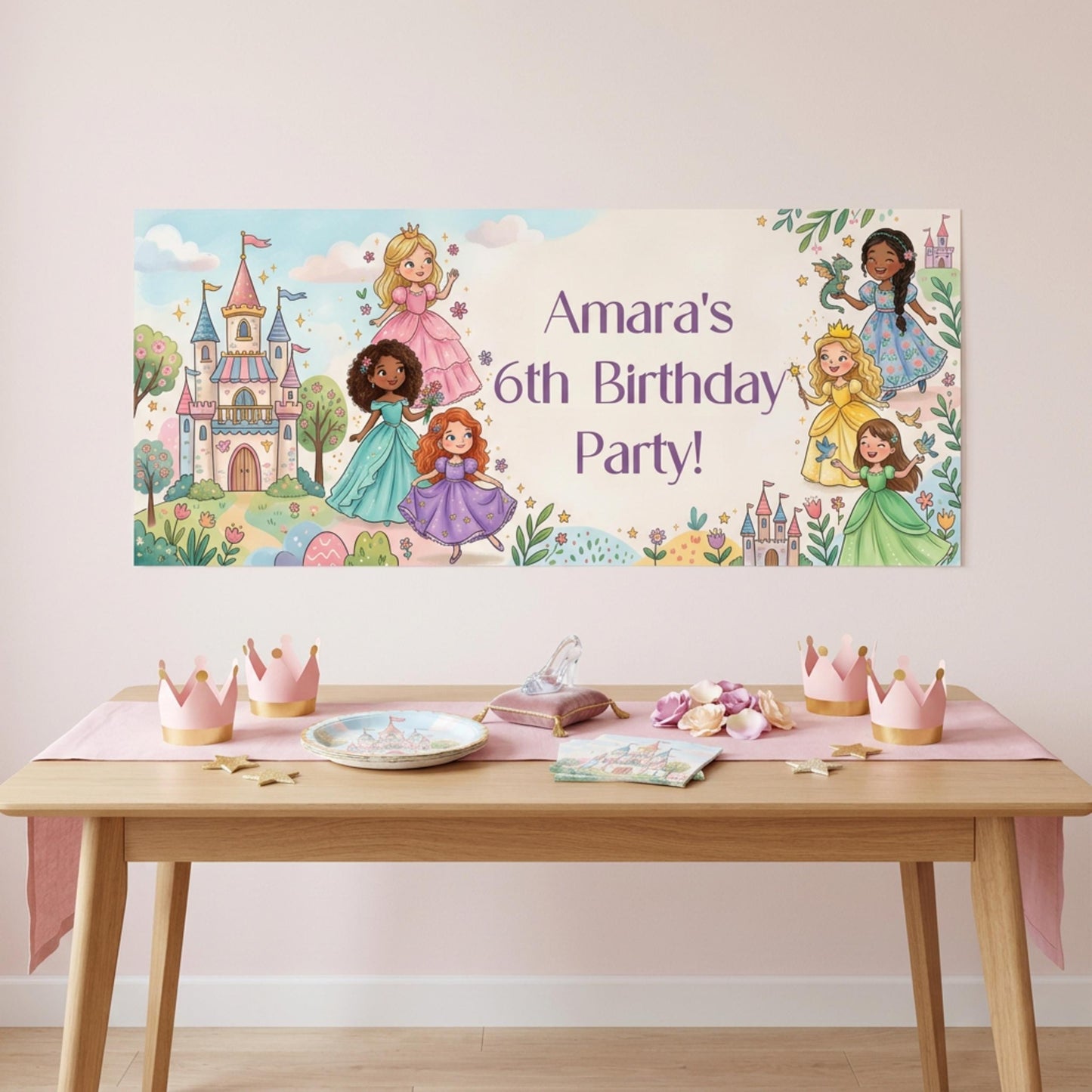 Personalised Princesses Birthday Banner, Fairytale Friends Backdrop