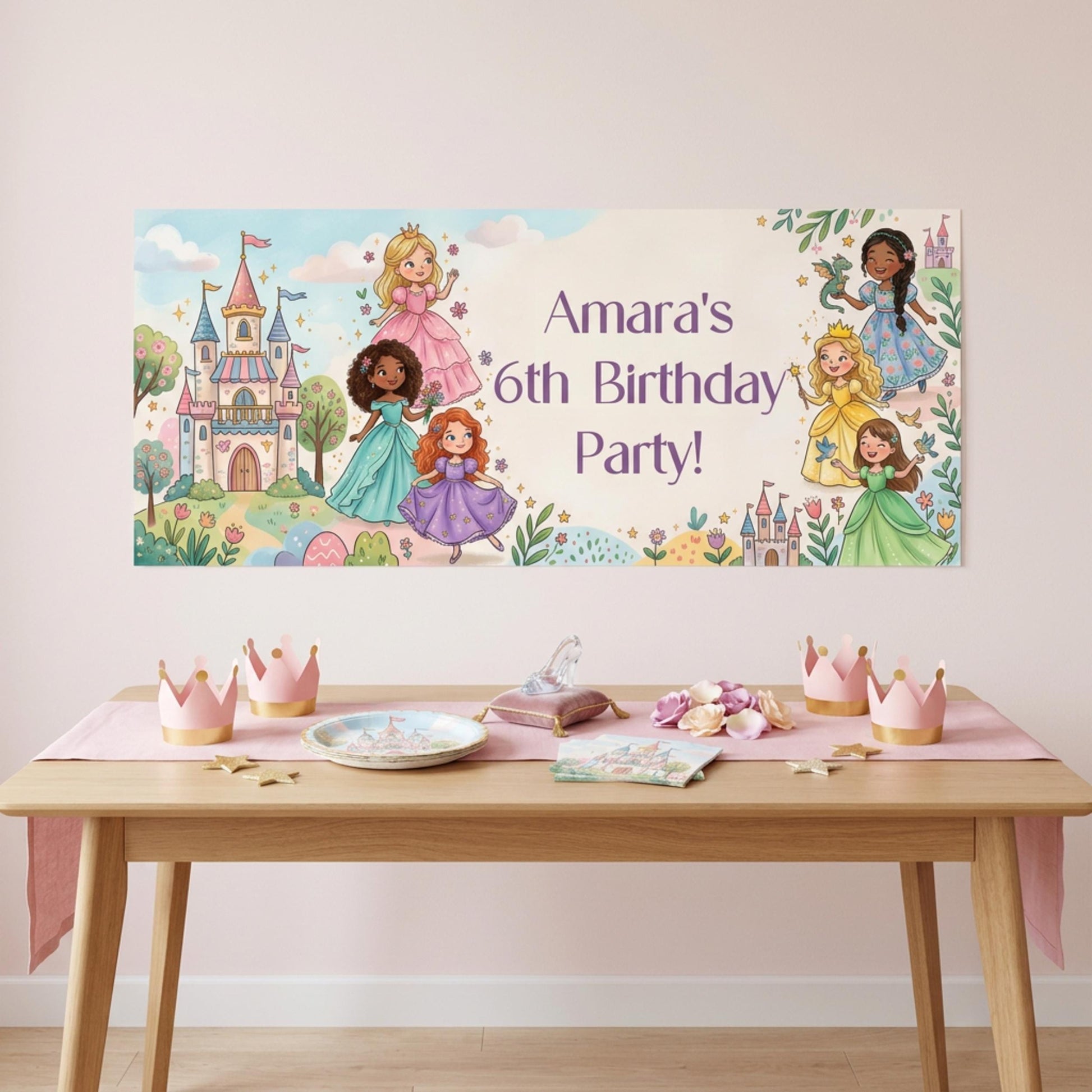 Personalised Princesses Birthday Banner, Fairytale Friends Backdrop