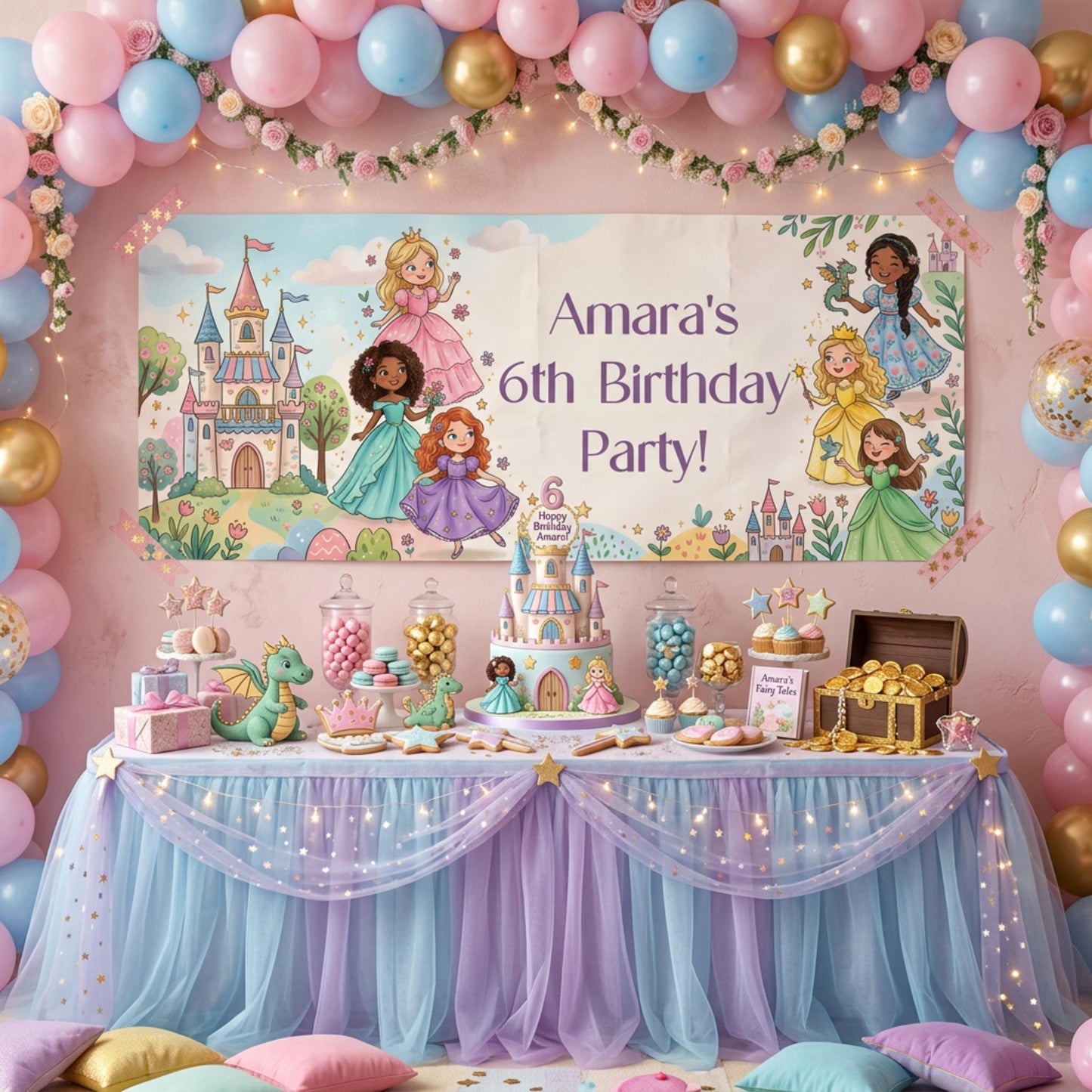 Personalised Princesses Birthday Banner, Fairytale Friends Backdrop