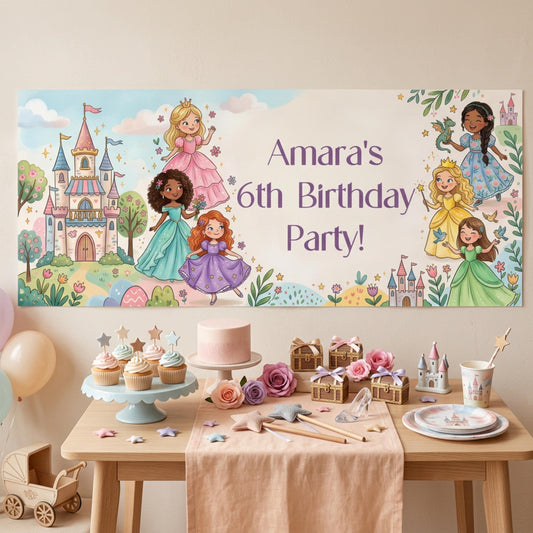 Personalised Princesses Birthday Banner, Fairytale Friends Backdrop