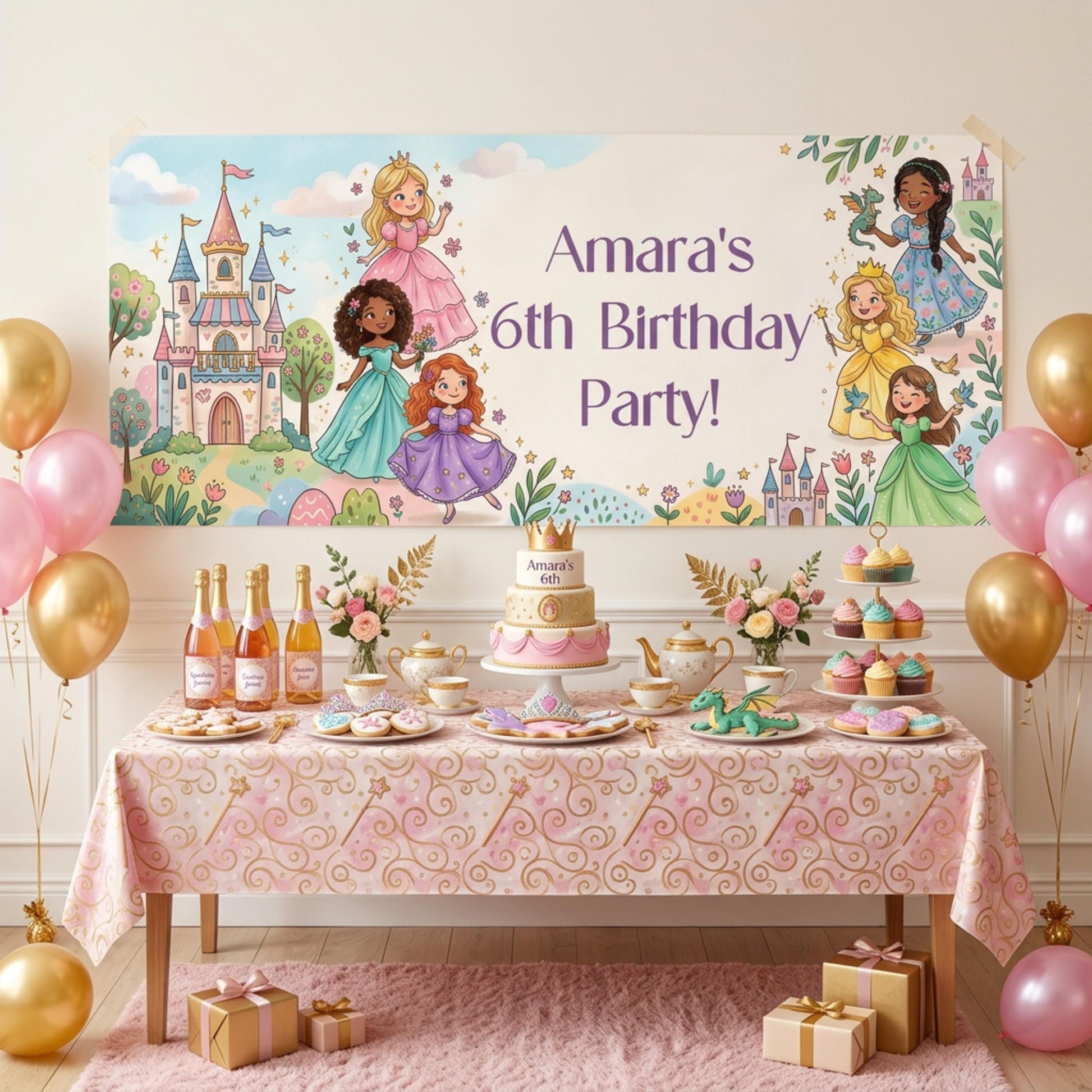Personalised Princesses Birthday Banner, Fairytale Friends Backdrop