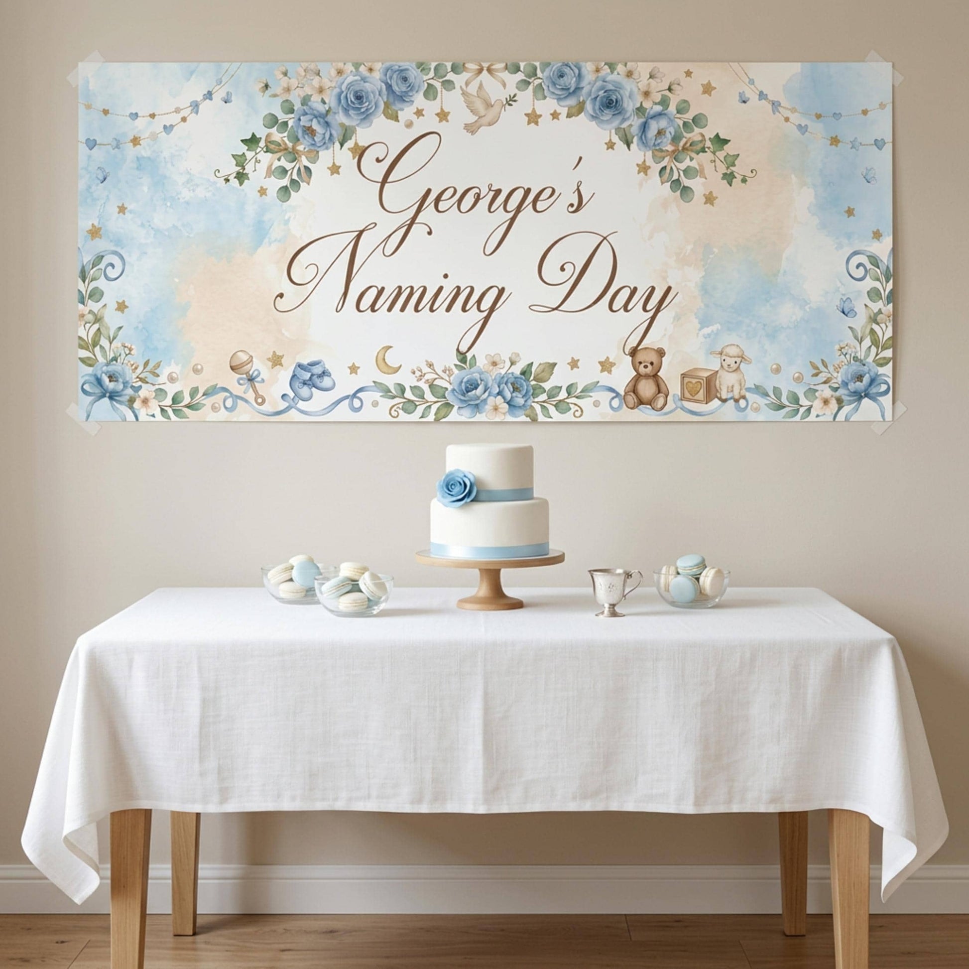 Personalised Naming Day Banner, Blue Floral Party Backdrop, Boys Christening Wall Sign