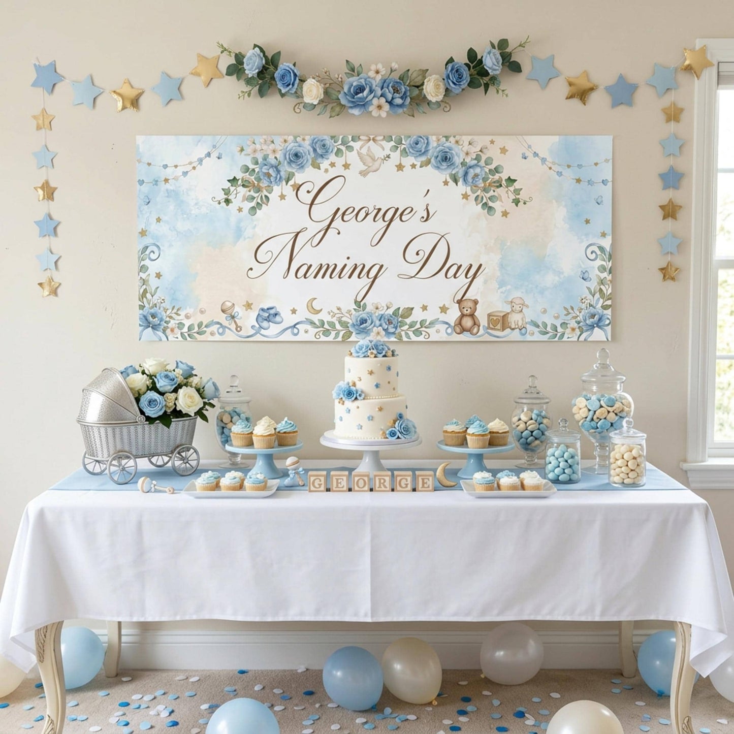 Personalised Naming Day Banner, Blue Floral Party Backdrop, Boys Christening Wall Sign