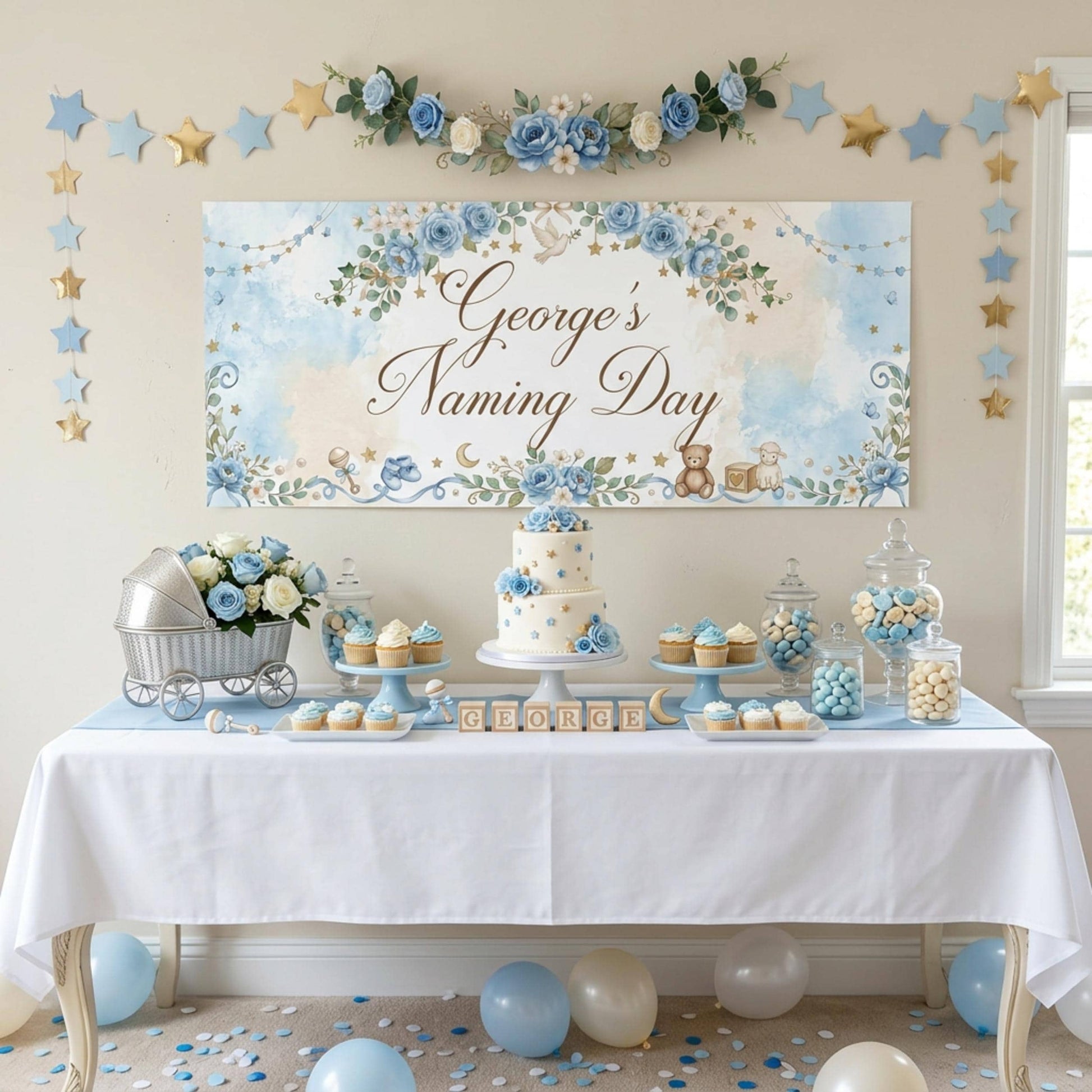 Personalised Naming Day Banner, Blue Floral Party Backdrop, Boys Christening Wall Sign