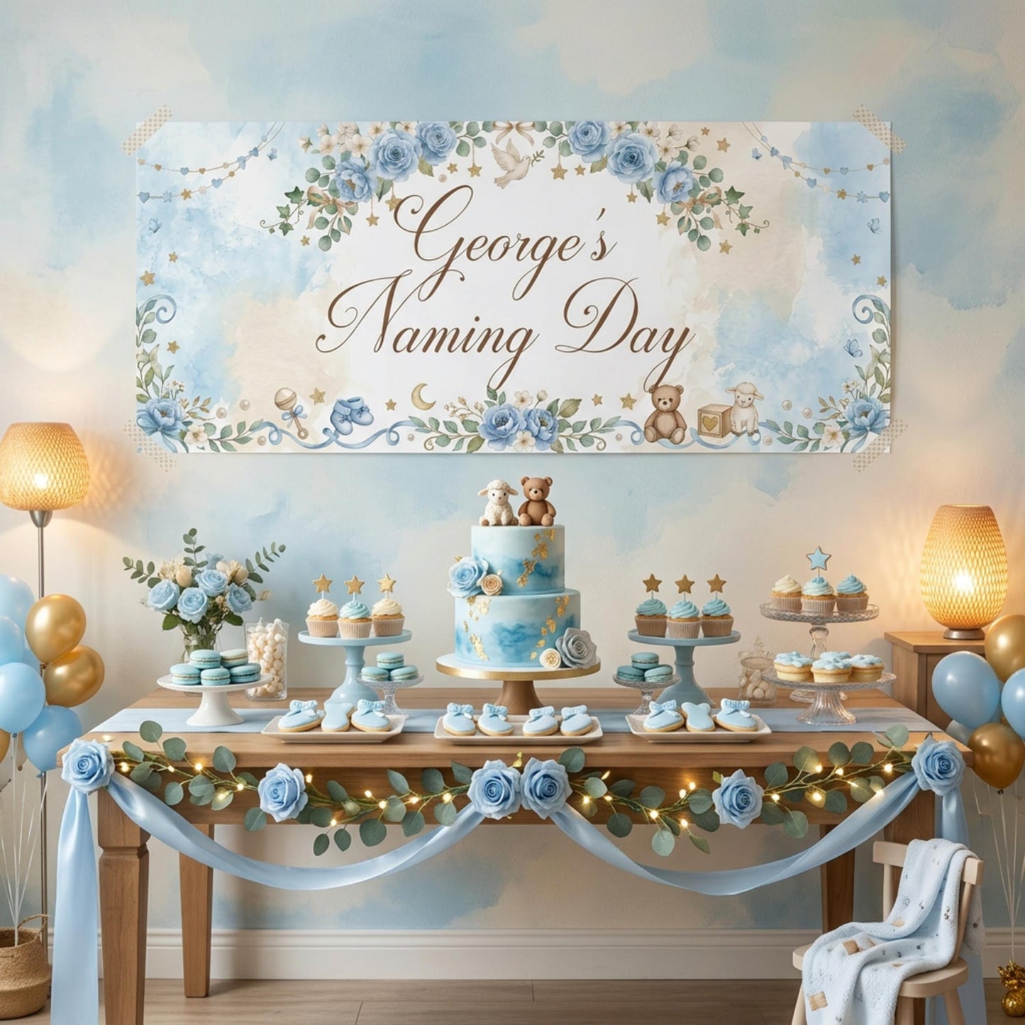 Personalised Naming Day Banner, Blue Floral Party Backdrop, Boys Christening Wall Sign