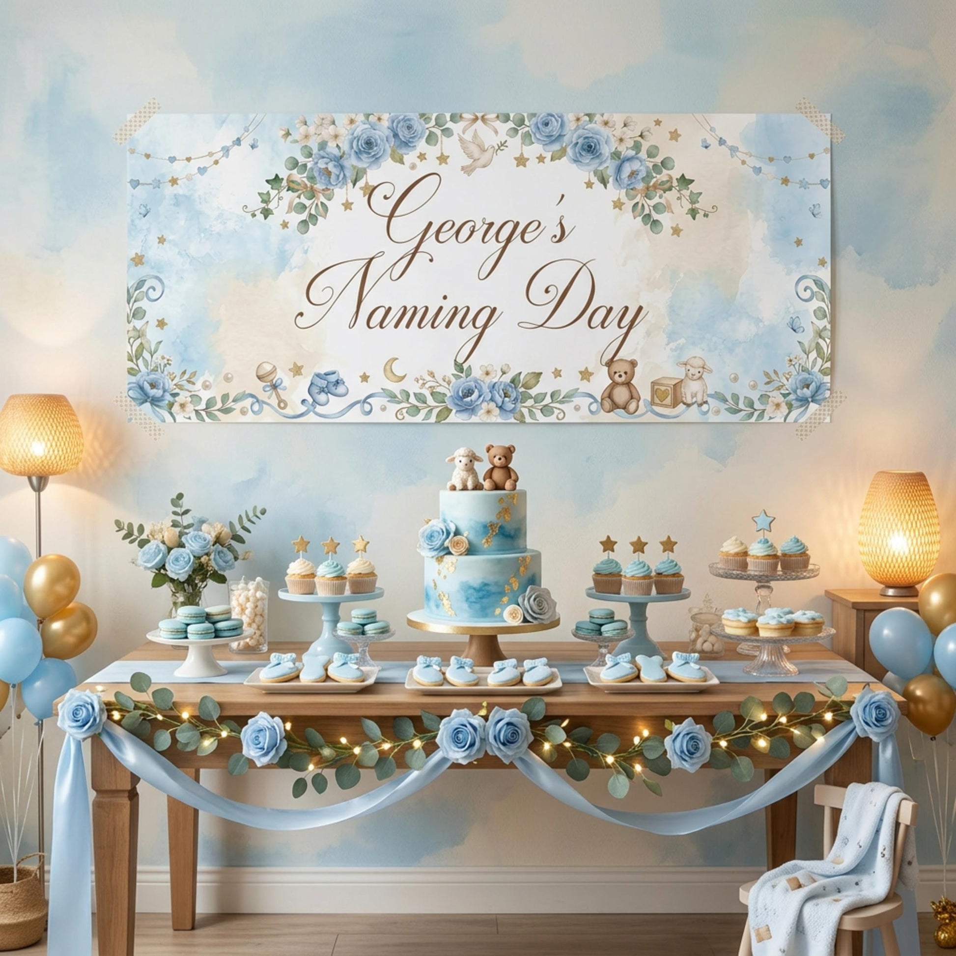 Personalised Naming Day Banner, Blue Floral Party Backdrop, Boys Christening Wall Sign