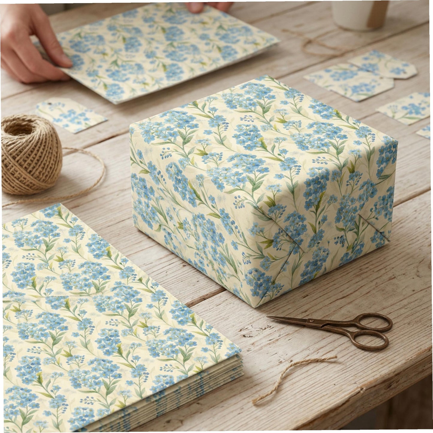 Forget Me Not Gift Wrap, Vintage Blue Floral Wrapping Paper, Large Size