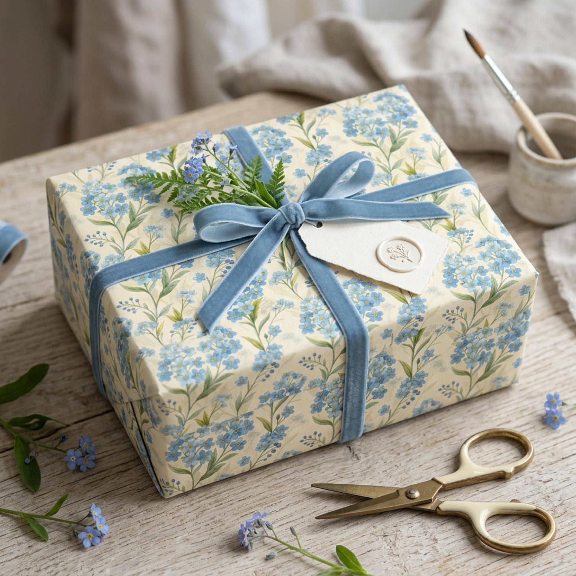 Forget Me Not Gift Wrap, Vintage Blue Floral Wrapping Paper, Large Size