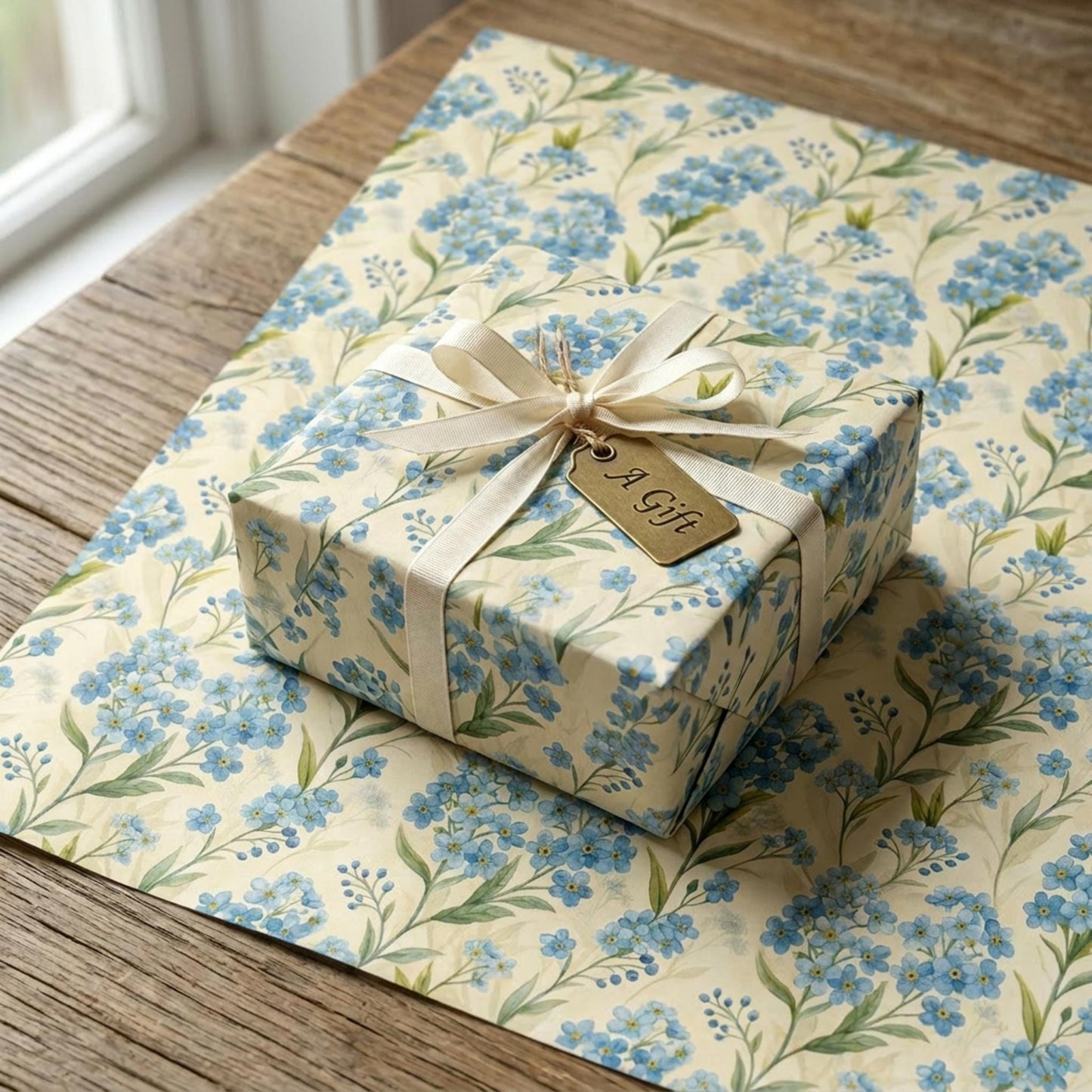 Forget Me Not Gift Wrap, Vintage Blue Floral Wrapping Paper, Large Size