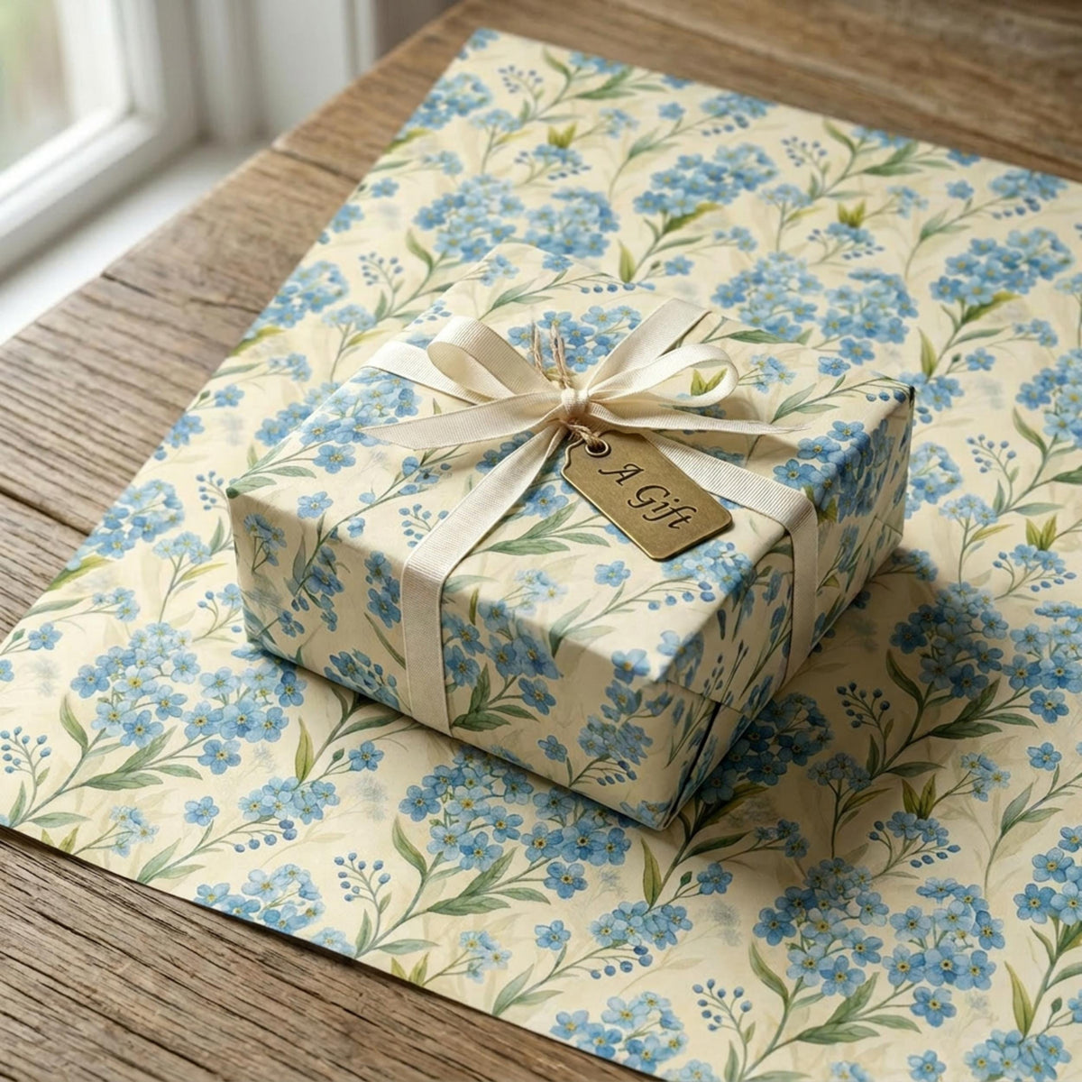 Forget Me Not Gift Wrap, Vintage Blue Floral Wrapping Paper, Large Size