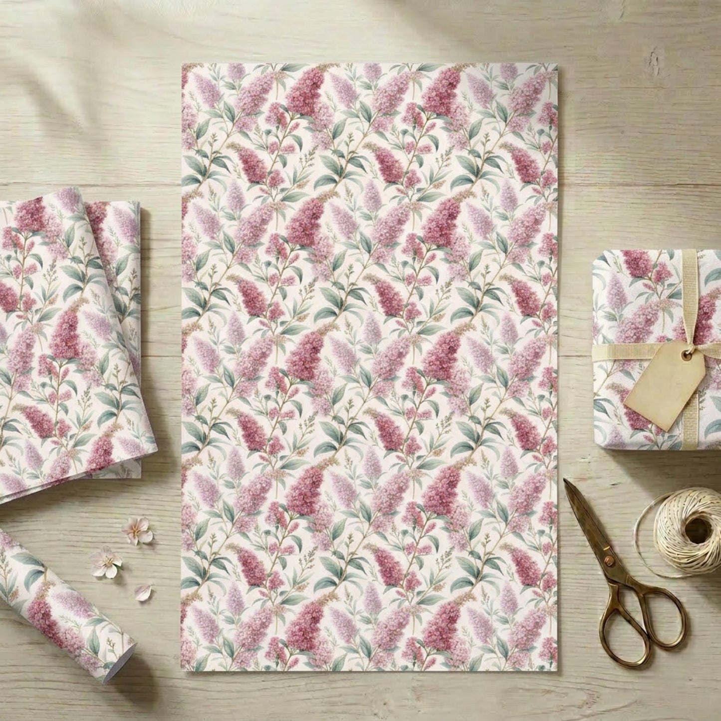 Vintage Buddleja Gift Paper, Butterfly Bush Wrap Sheet, large size