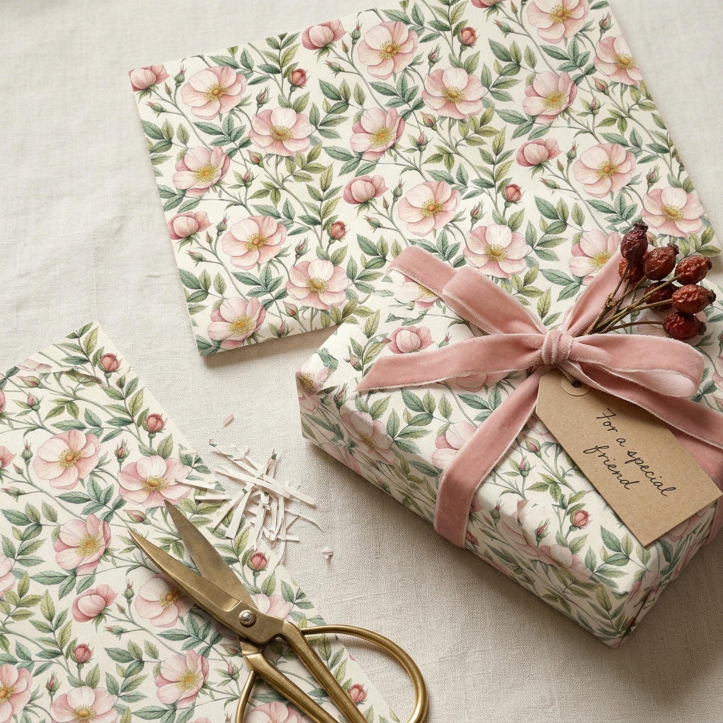 Vintage Wild Rose Wrap, Dog Rose Gift Wrap Sheet, Large Size