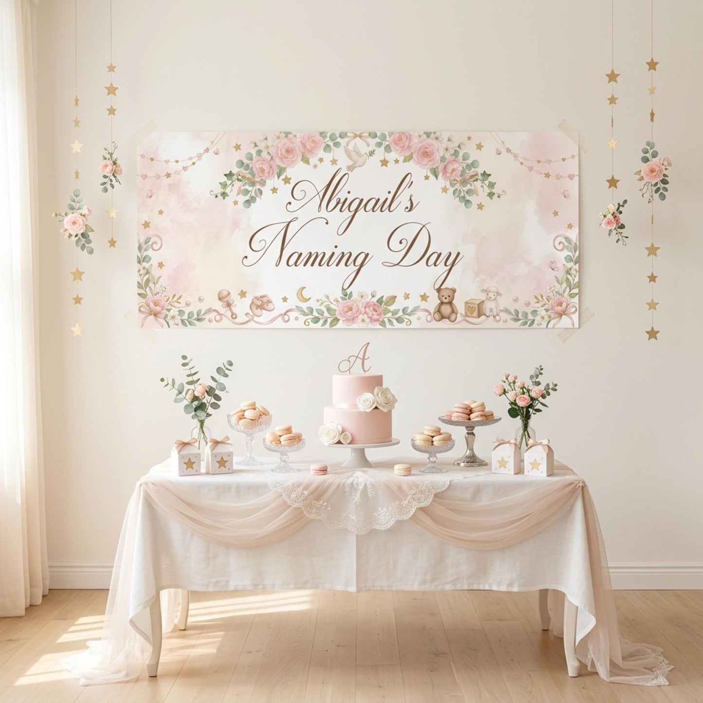 Personalised Girl Naming Day Banner, Blue Floral Party Backdrop, Christening Wall Sign